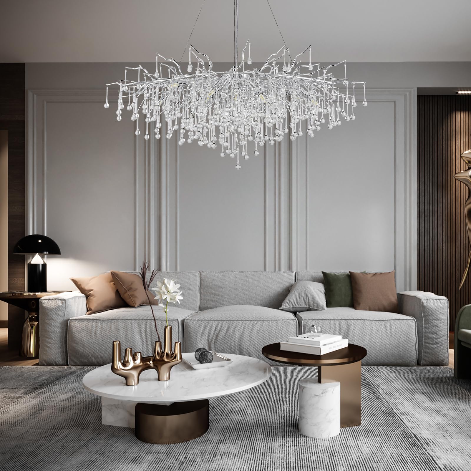 NIUZDU Modern Silver Crystal Chandelier, 47.2in Raindrop Design, Oval-Long, Model CP1002 for Dining Room, Entryway, Living Room