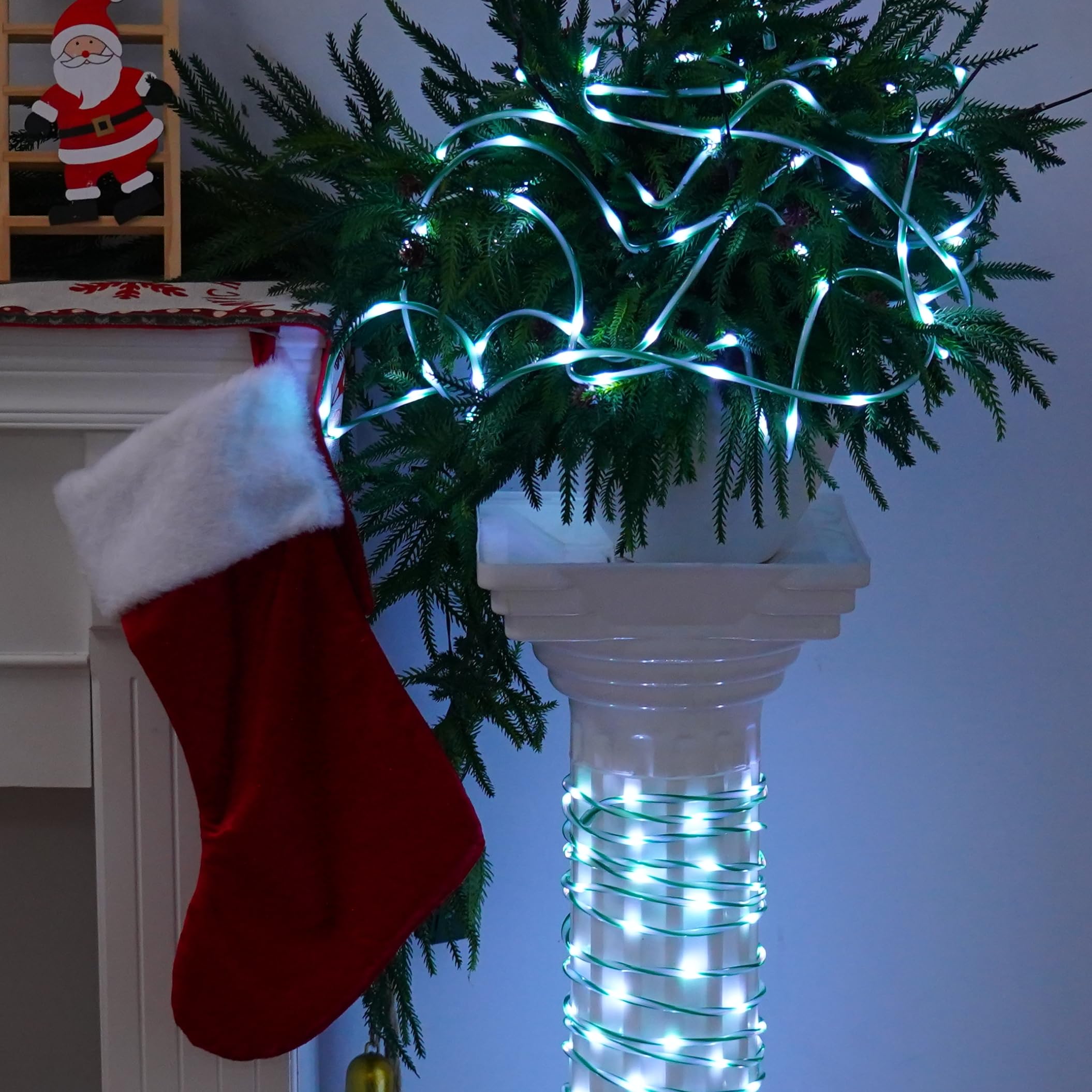 Qitong Christmas Candy Cane Rope Lights, 2 Pack Each 33Ft 100 Led Green& White Solar Rope Lights, 8 Modes Solar Tube Lights For