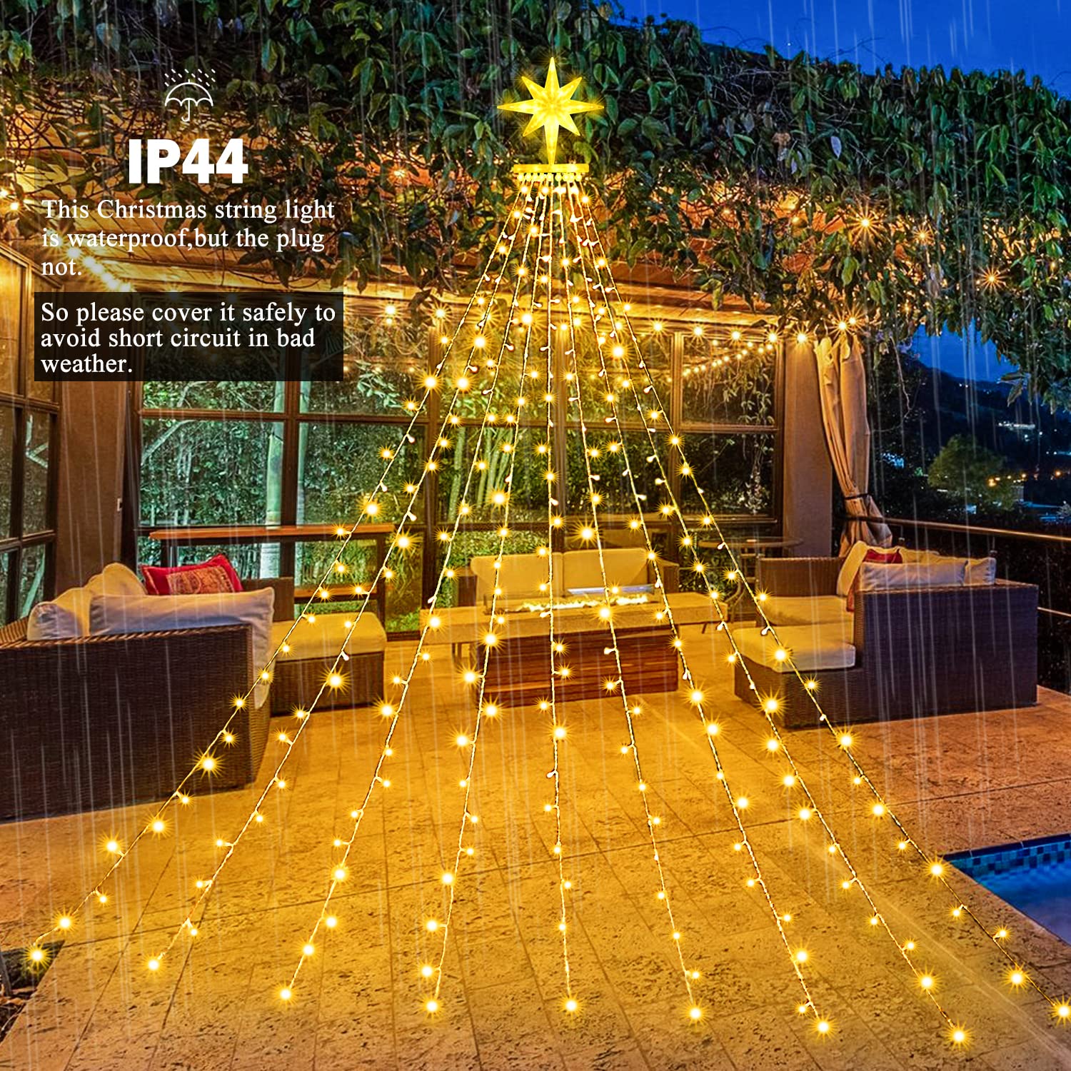 Qulist 16.4Ft 315Led Christmas Star String Lights, Waterproof, 8 Modes, Warm White
