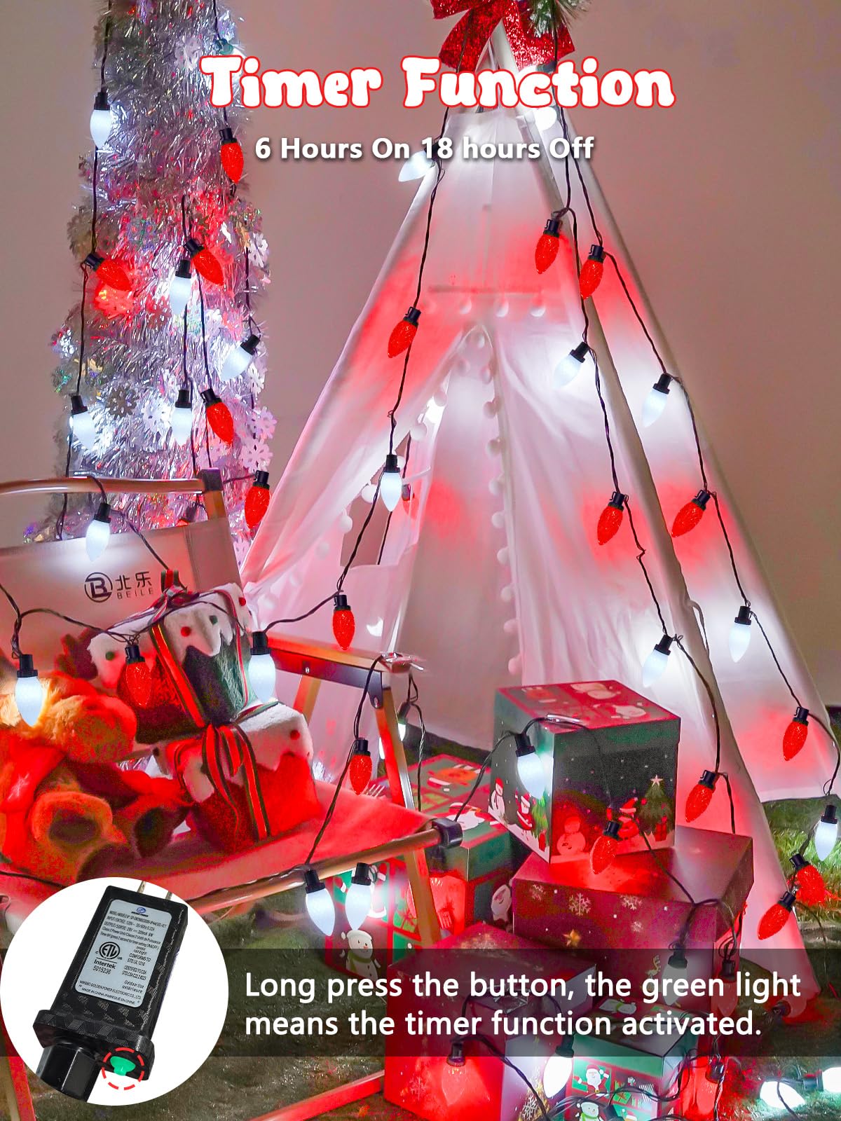 2-Pack Connectable C9 Christmas Lights Outdoor Indoor  66 Ft 100 Led Christmas String Lights Plug In With 8 Modes & Timer  Waterproof Fairy Twinkle Light For Xmas Tree Yard Decorations (Red And White)