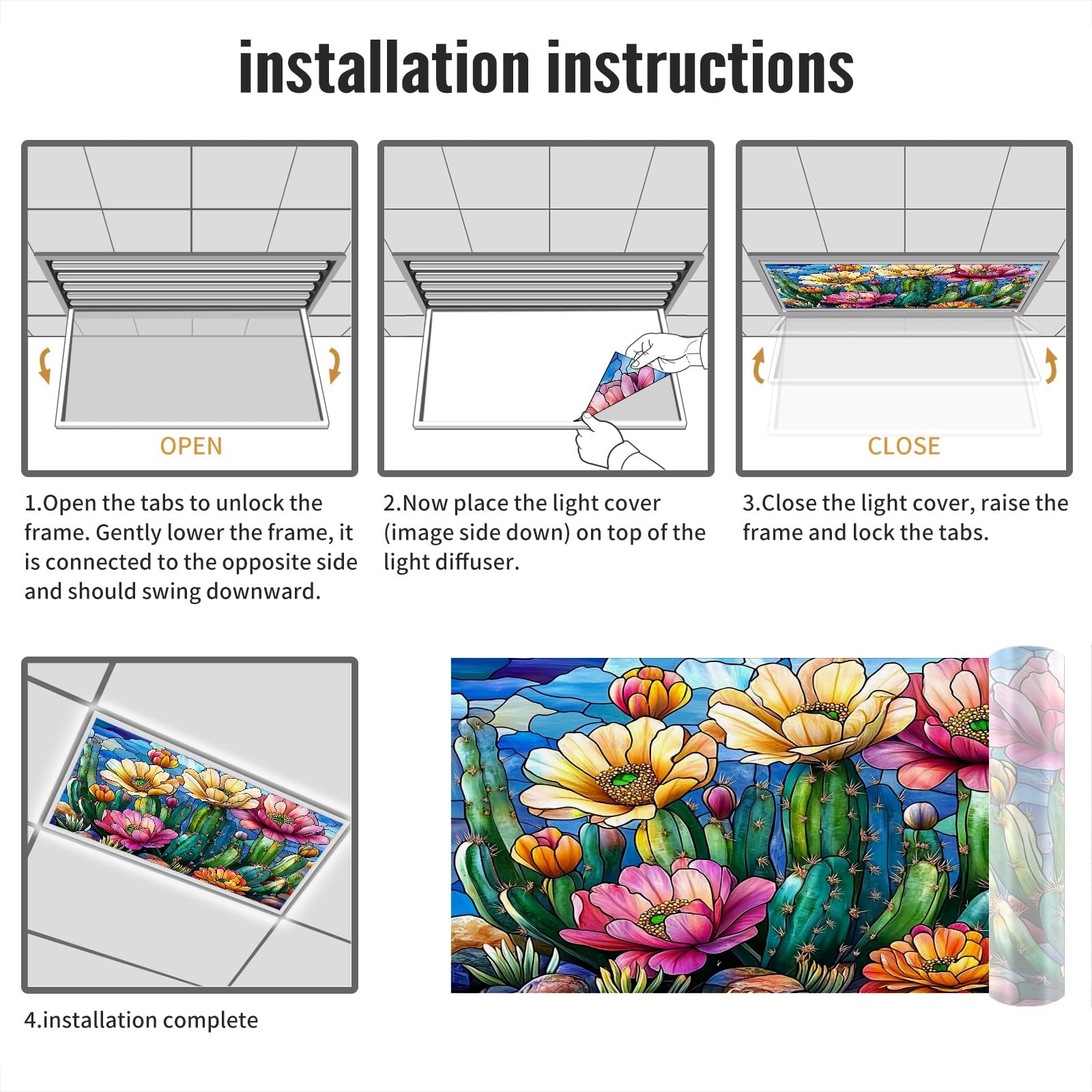 MSINMKOK Stained Glass Cactus Light Cover, 47.2'' x 23.6'', PET Material, Colorful Ceiling Decor for Home & Office