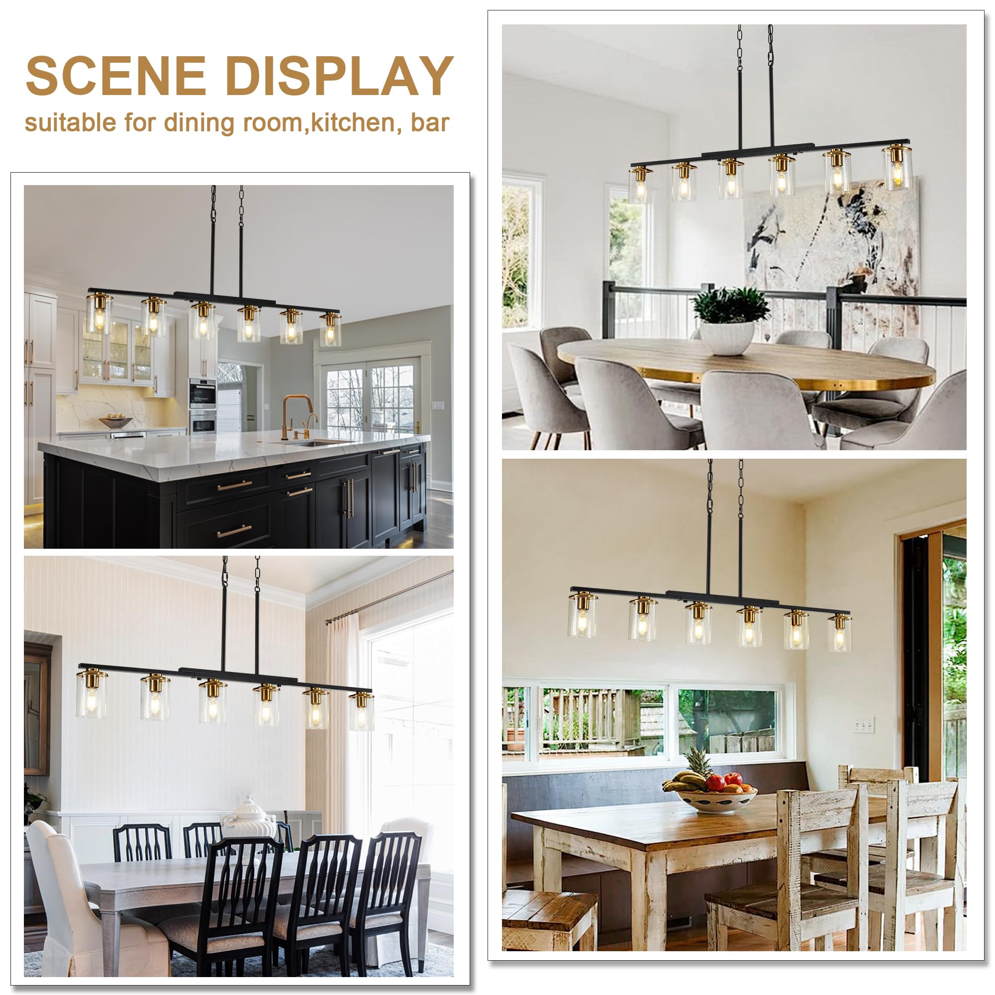 XvmBvm 6-Light Kitchen Island Chandelier, Modern Rustic Black and Gold, Clear Glass Shade, Model X3002-6