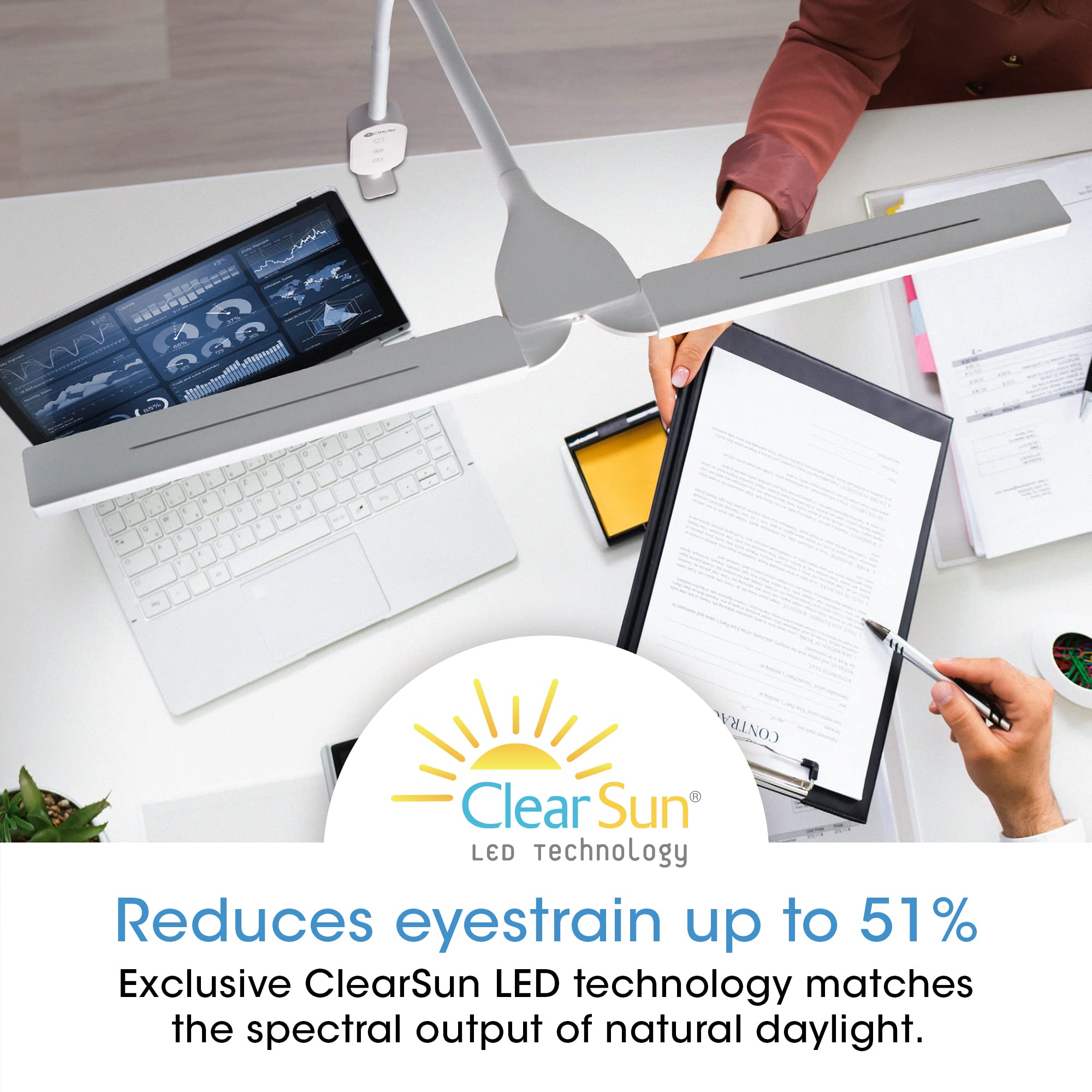 Ottlite Pivot Led Clamp Desk Lamp - Dual Lamp Shades & Flexible Neck With Clearsun Led Technology - 3 Color Temperature Modes, Dimmable Leds & Touch-Activated Controls For Crafting, Sewing, & Studying