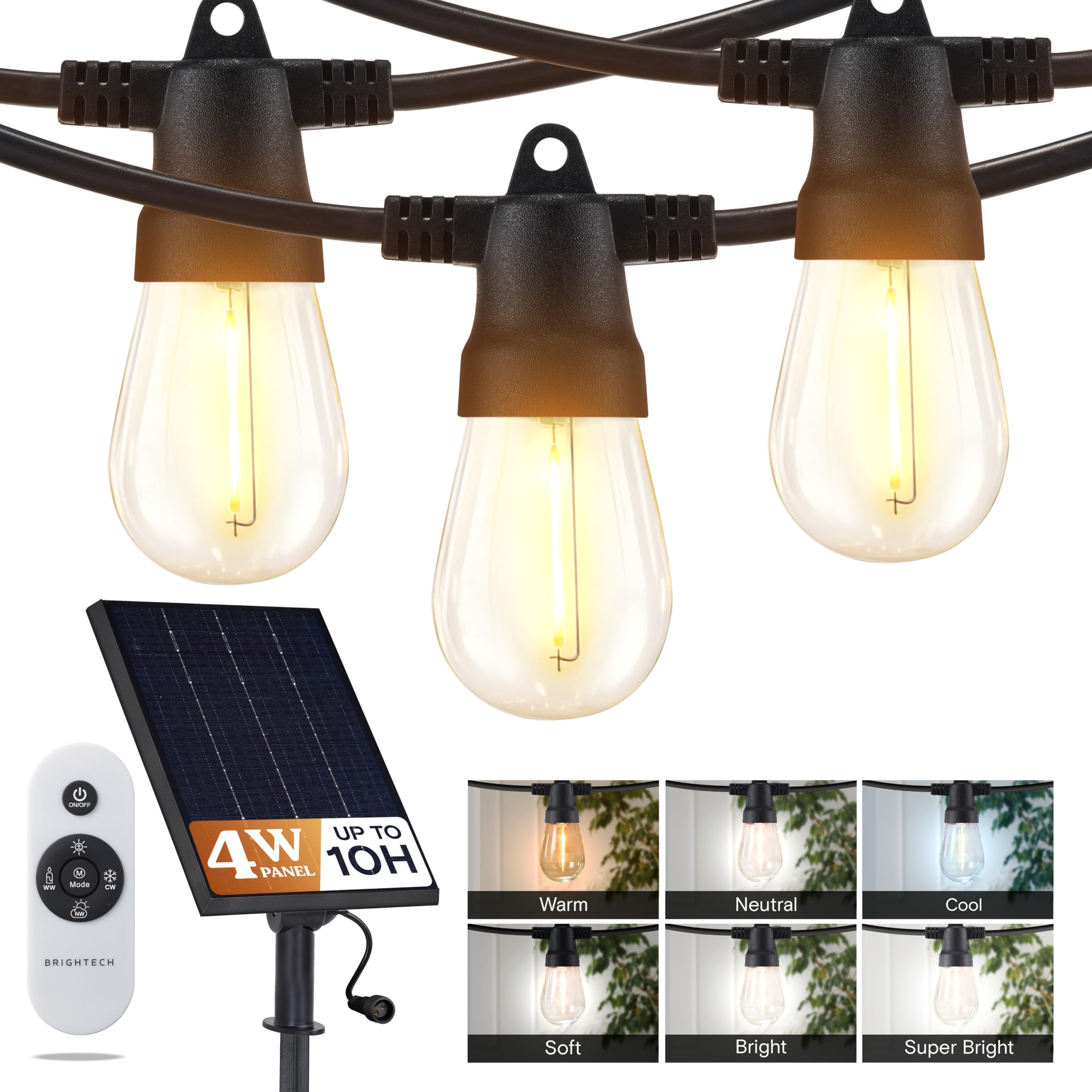 Brightech Ambience Pro Solar String Lights - 27Ft, Super Bright, Waterproof, Remote Control, 12 LED Bulbs, Commercial Grade, Model SLR4W-27NH-CC