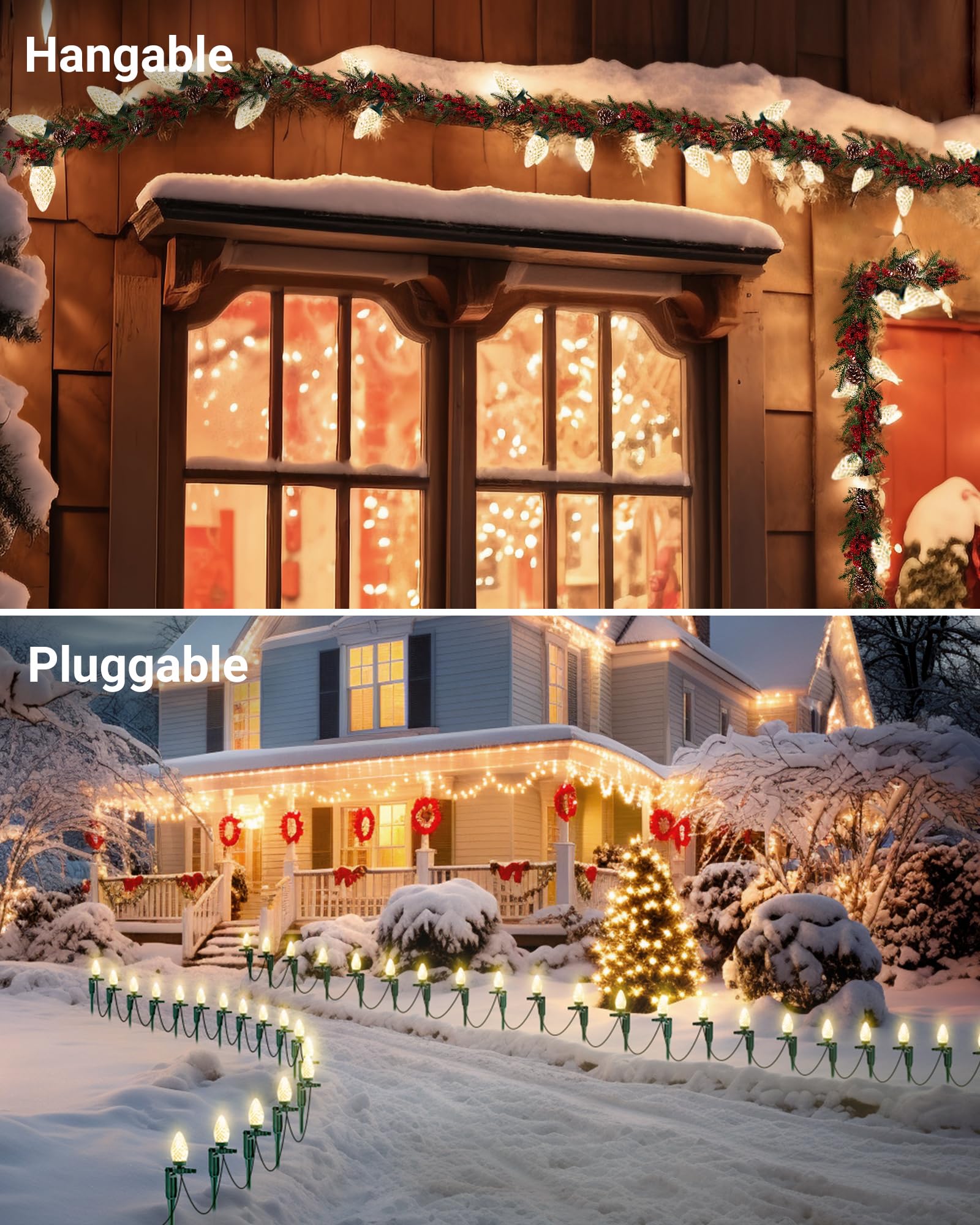 Suraielec C9 Christmas Pathway Lights, Walkway Christmas Lights With Warm Bulbs, Total 50 Ft 50 Led, Extendable String Lights Fo