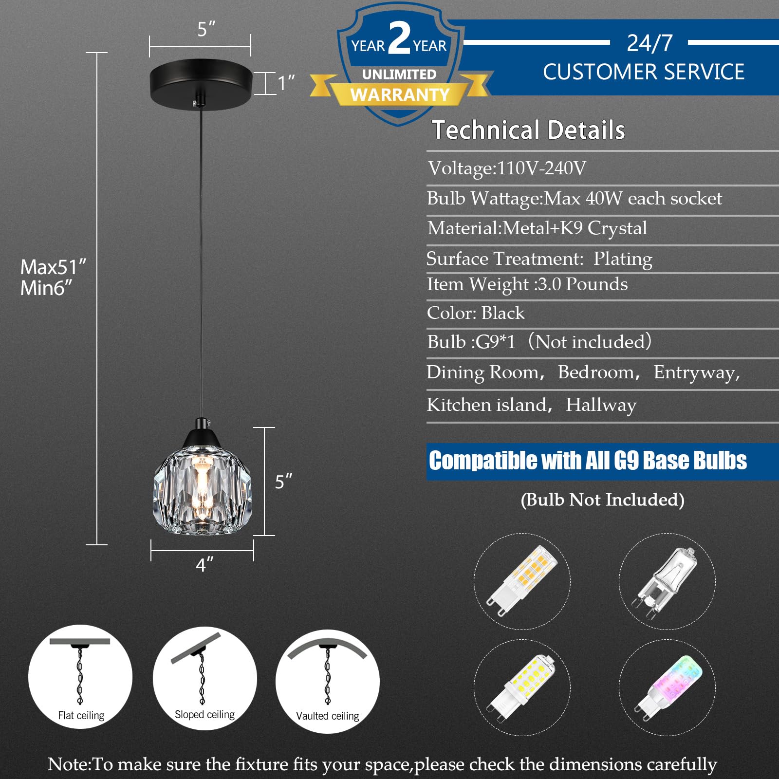 Weesalife Crystal Pendant Lights, Black Modern 3-Pack Chandelier Fixture, Ideal for Dining Room, Kitchen Island, Bathroom, Model A8817