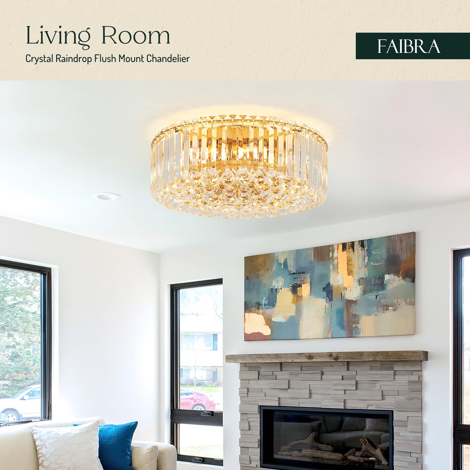 Faibra 17.3'' Gold K9 Crystal Raindrop Flush Mount Ceiling Light, Modern Chandelier, Round Luxury Light Fixture For Dining Room,