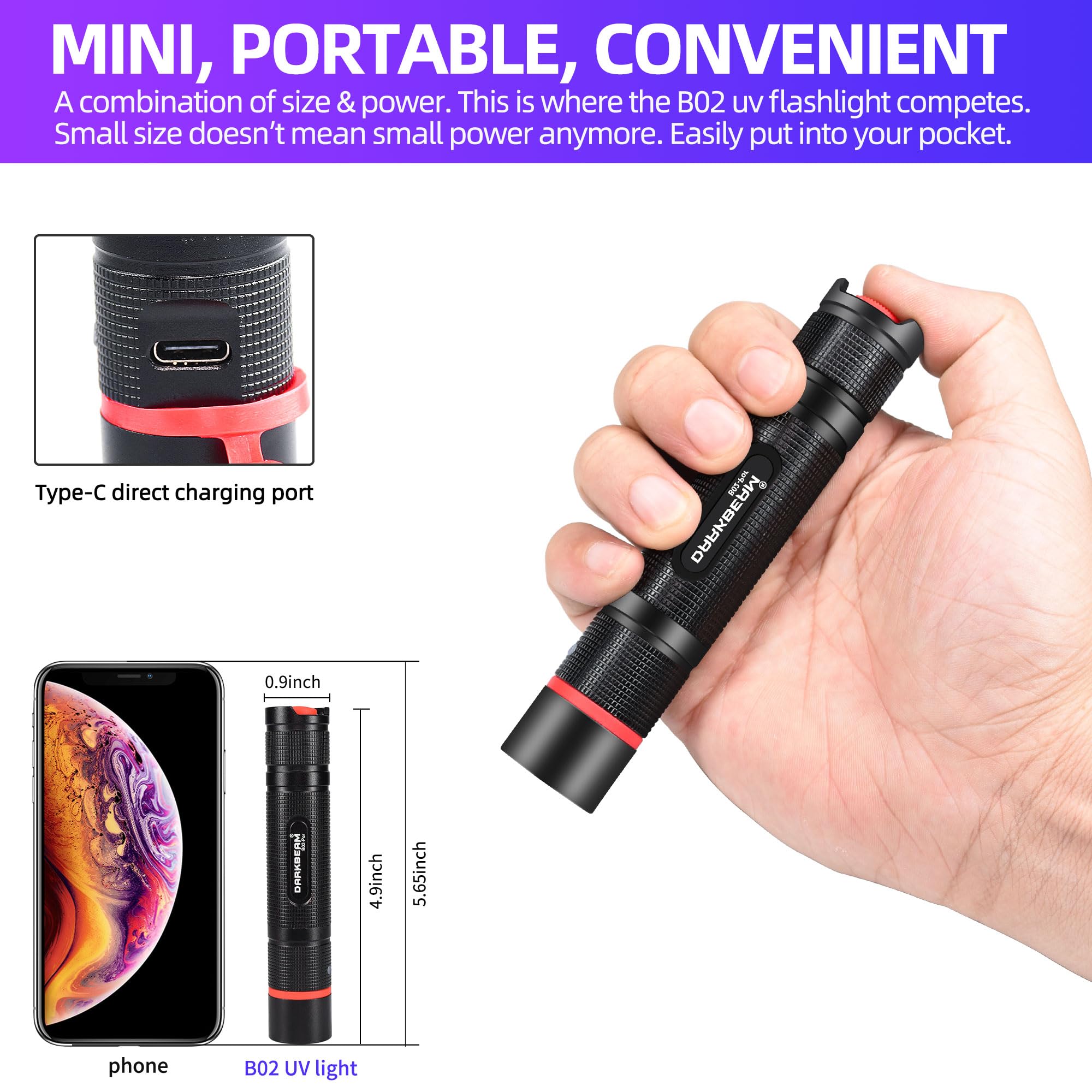 DARKBEAM UV Flashlight 365nm Mini LED Blacklight, USB Rechargeable, Aluminum, Portable for Pet Urine Detection & Curing Resin