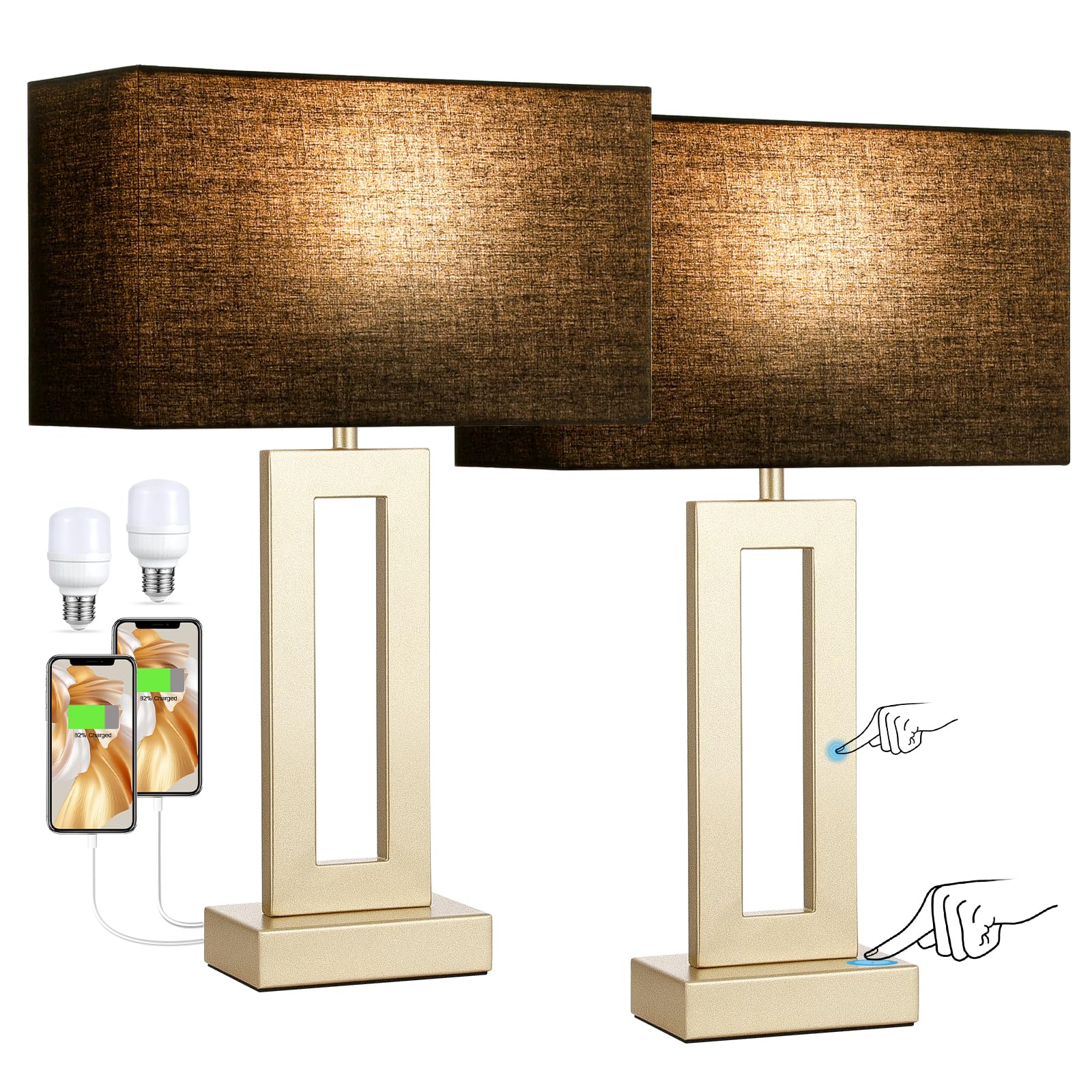 Seealle Nightstand Table Lamps Set of 2 - Touch Control, 3-Way Dimmable, Metal, Medium (19.6in), Black & Gold, Model jinshumian1