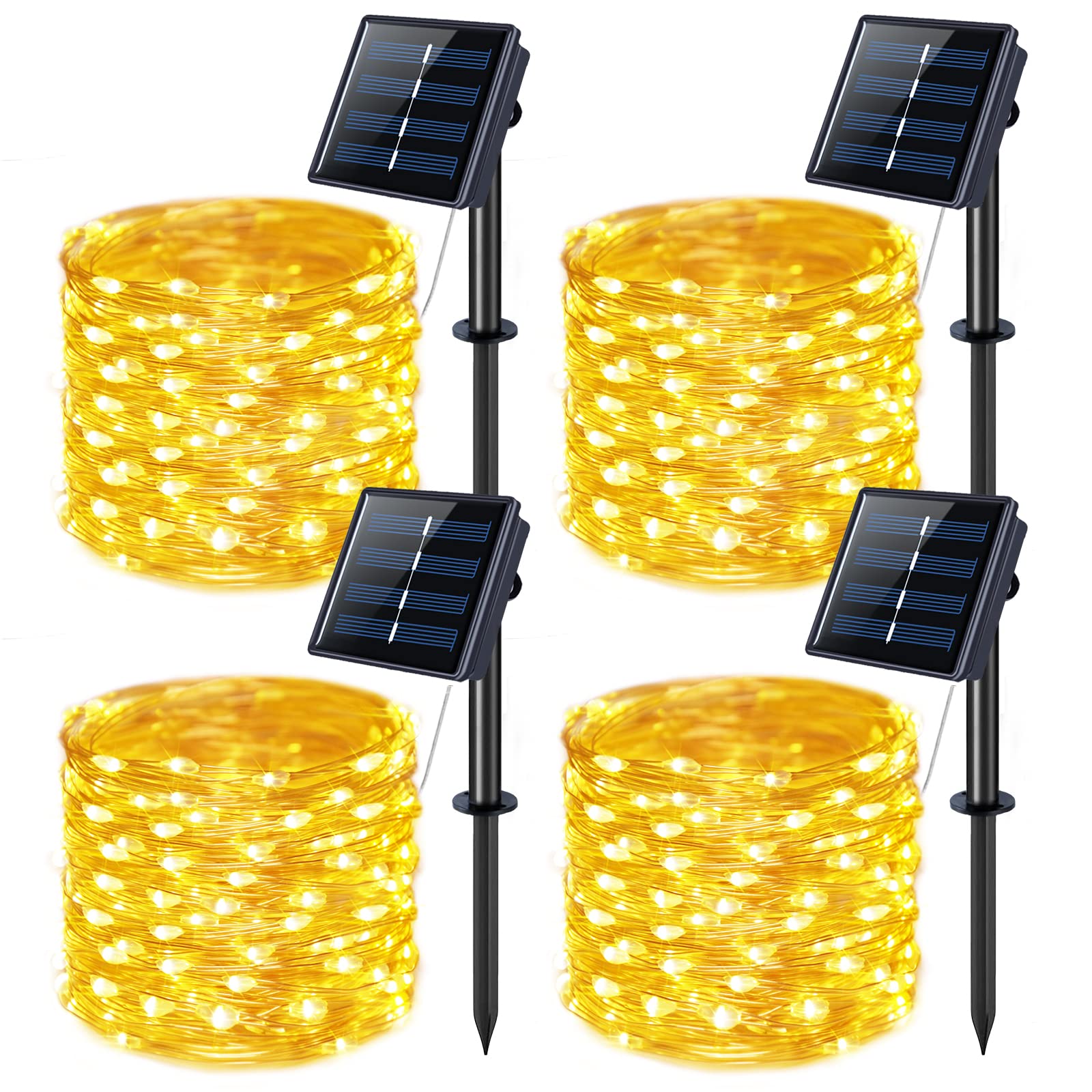 JMEXSUSS 4 Pack 100 LED Solar Fairy Lights, 33ft Warm White Solar String Lights Outdoor Waterproof, 8 Modes Copper Wire Solar Twinkle Lights for Garden Yard Tree Wedding