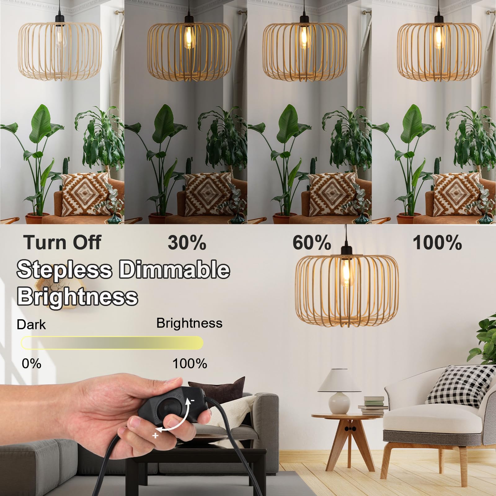 Plug In Pendant Light Woven Bamboo Hanging Lights With Plug In Hanging Lamp Dimmable, Handmade Woven Boho Wicker Basket Lamp Sha