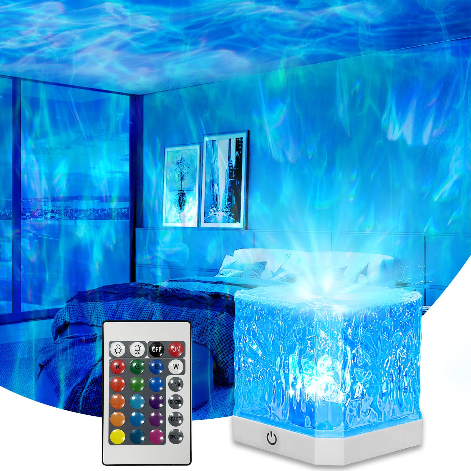 Ocean Wave Projector Light,16 Colors Water Ripple Romantic Ambient Lighting Northern Lights Projector with Remote for Bed Room D