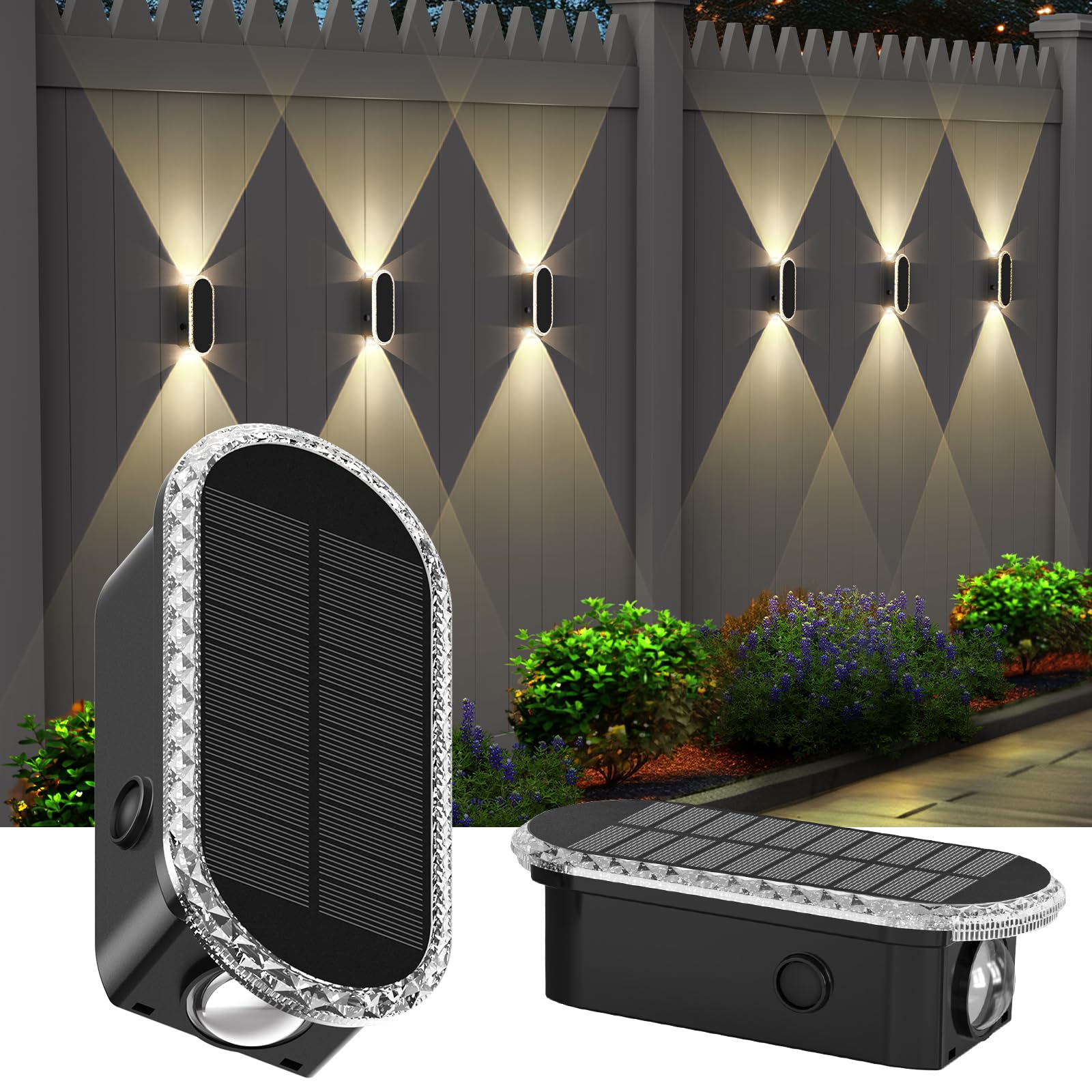 Herzila Solar Fence Lights - RGB & Warm White  LED Christmas Solar Lights Outdoor Waterproof 8 Colors 2 Lens Top and Bottom Lighting for Outdoor/Patio/Wall/Fence Pack of 2