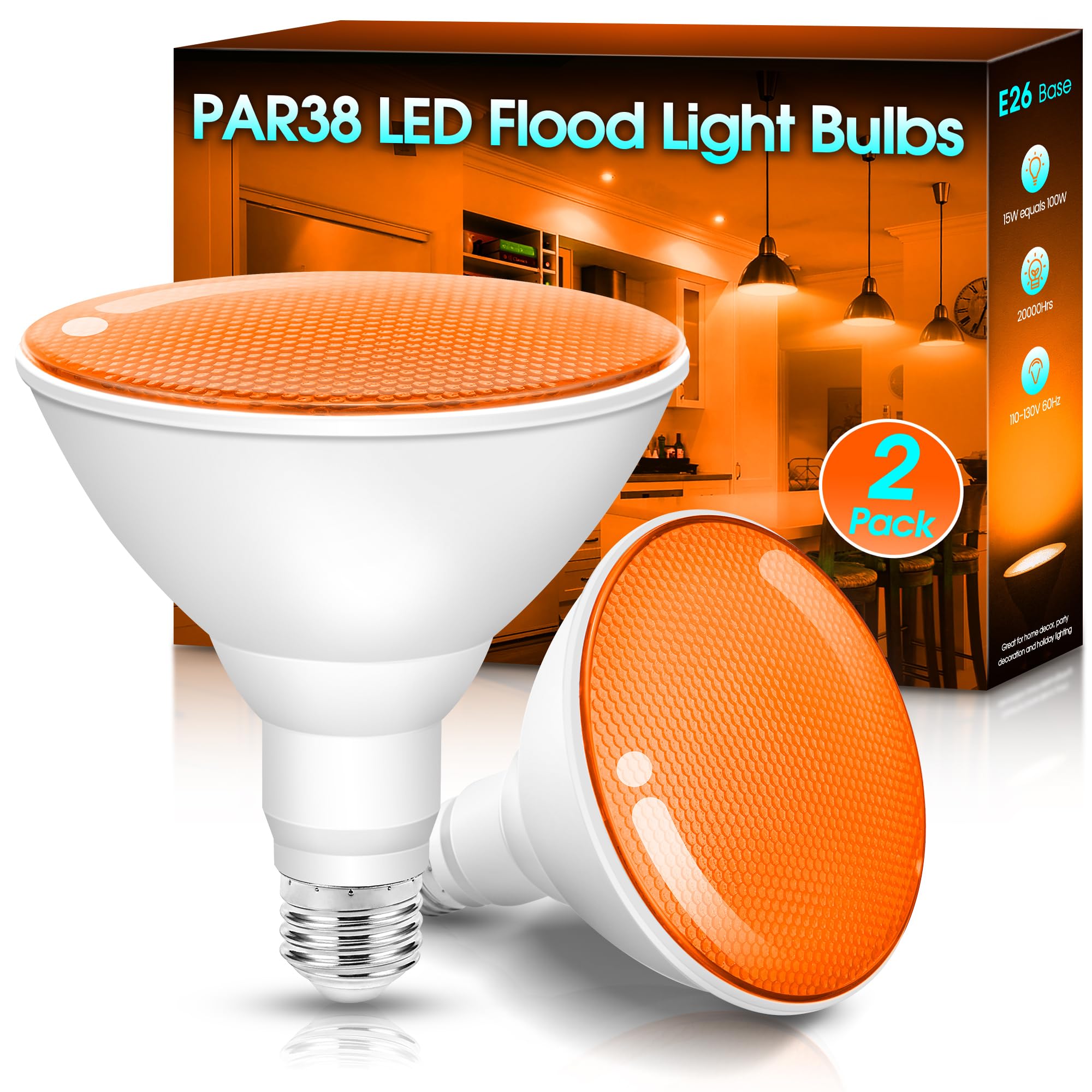 Fulighture Par38 LED Light Bulbs, 15W (100W Equivalent), 2 Count, Orange, Not-Dimmable, Halloween/Christmas Decorations
