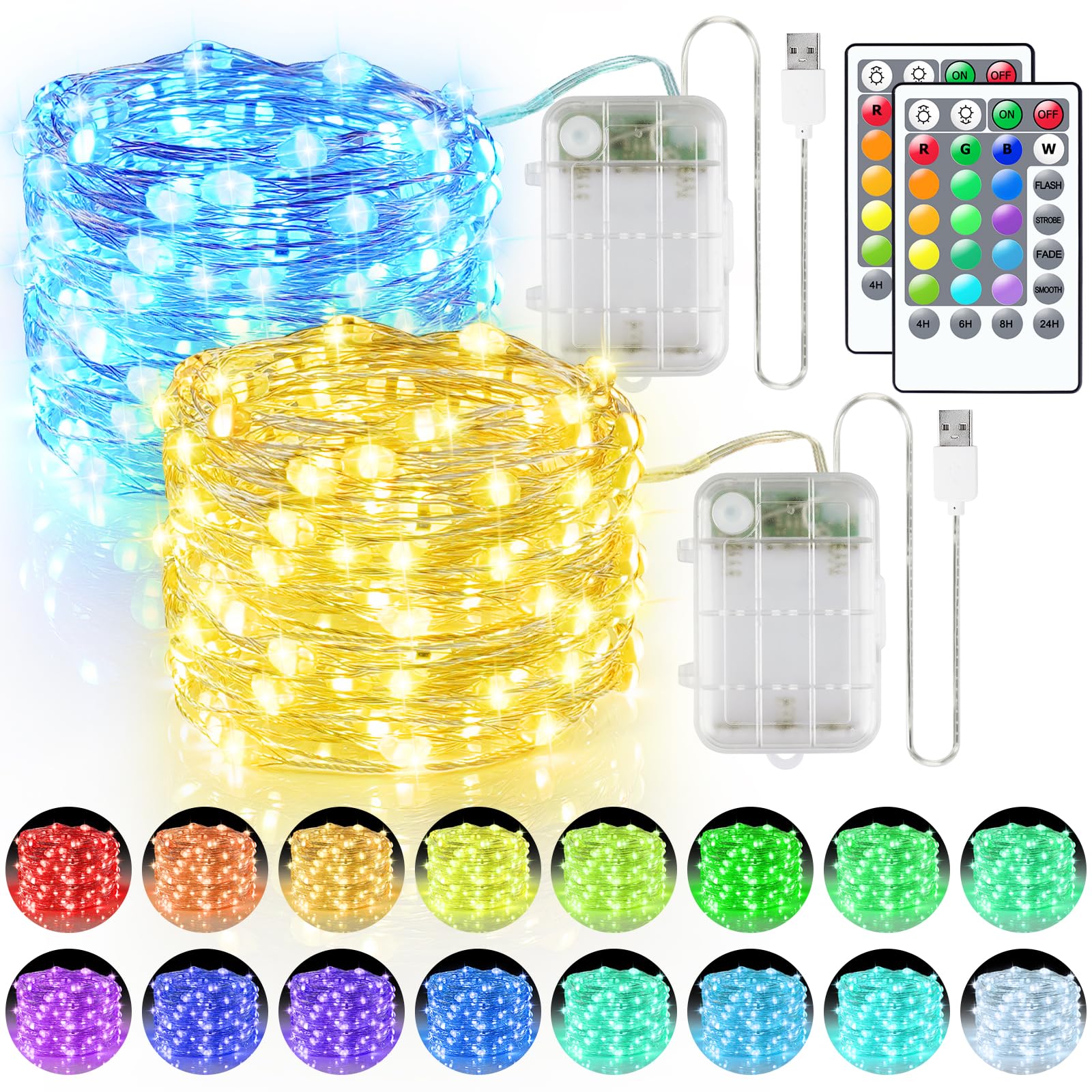 StarryEver 33ft 100LED Fairy Lights, 2 Pack 16.5ft RGB Color Changing String Lights with Remote Timer, Waterproof for Indoor Outdoor Decor