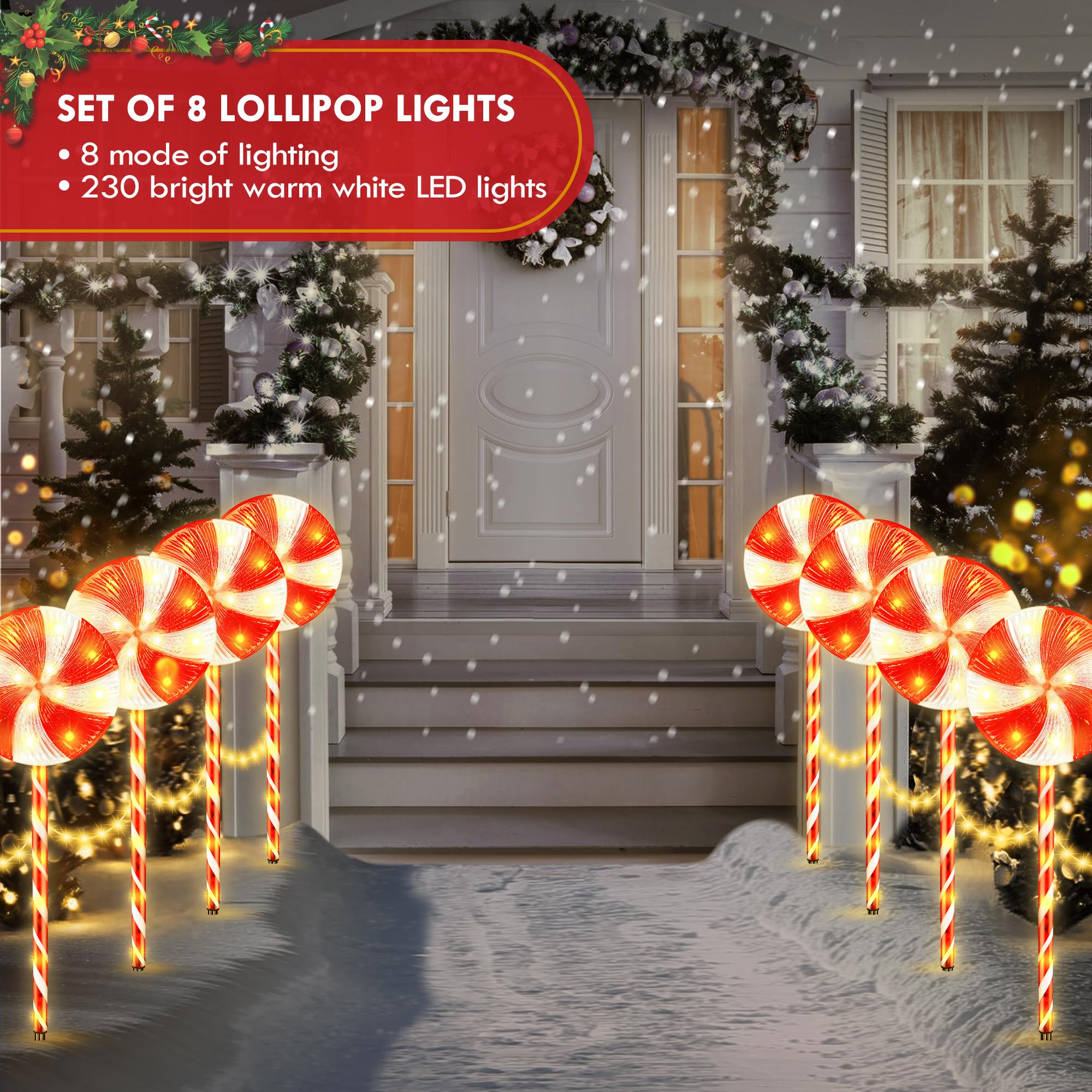 8PK 28inch 230LED 8 Modes Christmas Lollipop Pathway Light Outdoor Christmas Decorations Flickering Outdoor Christmas Pathway Li