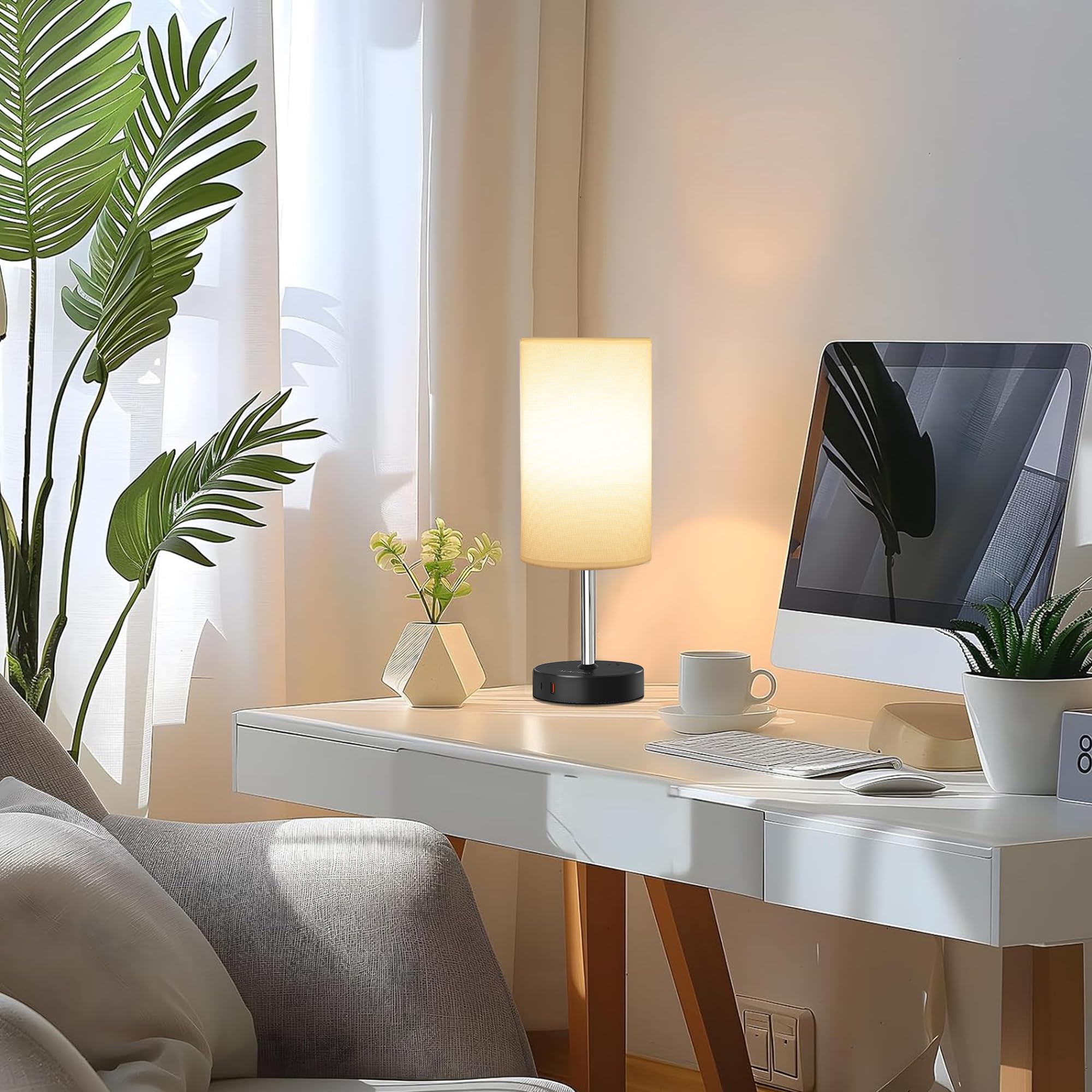 ALACOO Bedside Table Lamp - Touch Control, USB C & A Charging, 3-Way Dimmer, Small, Black-White, Model MS112, E26 LED Bulb Included