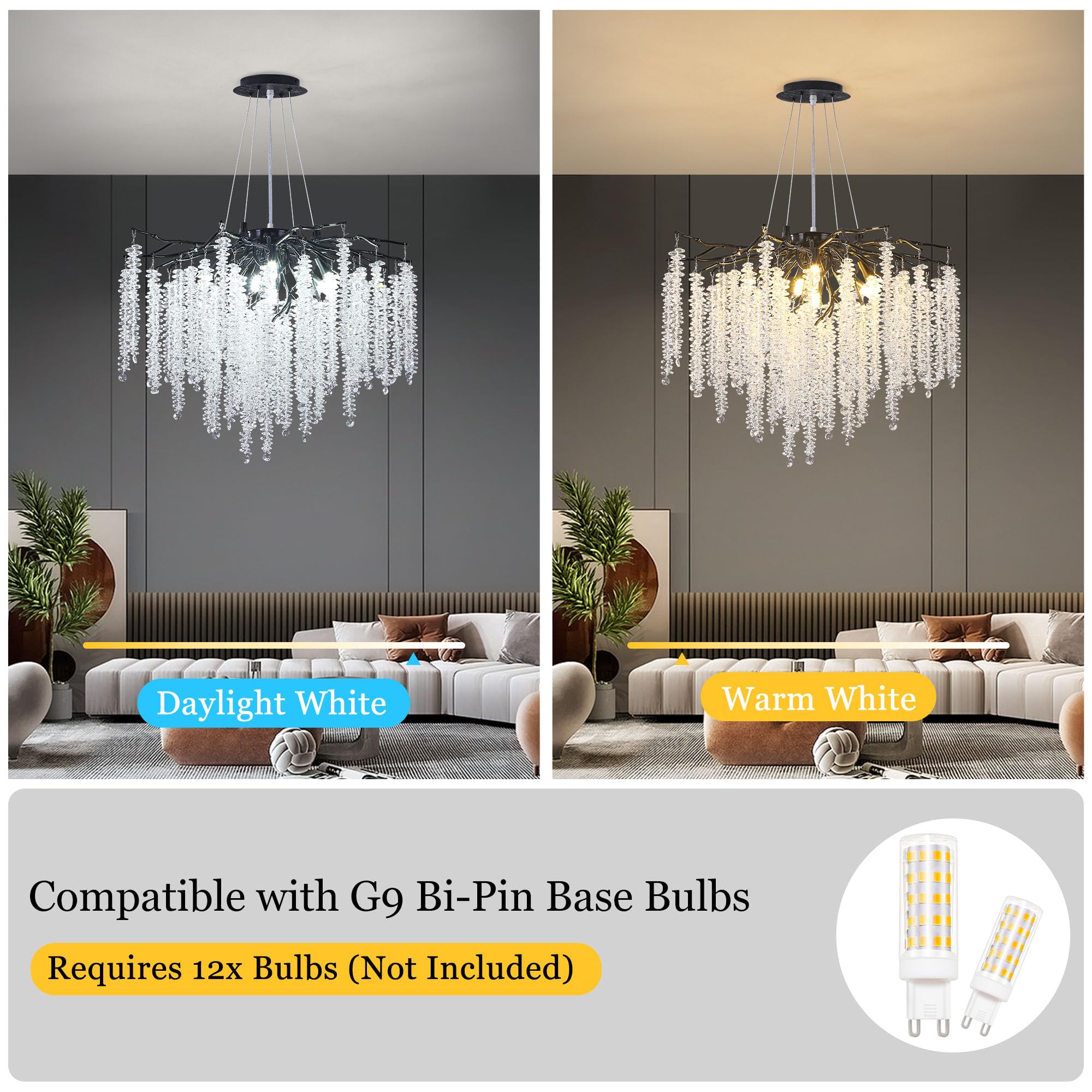 Upfelw Modern Crystal Tree Branch Chandelier, D31.5'' Black Round Raindrop Indoor Hanging Branch Chandelier Fixture For Dining R