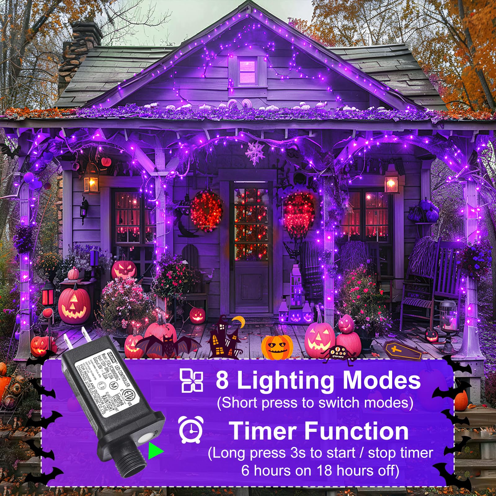 Nielfoi Halloween String Lights, 200FT 600 LED, Purple, Waterproof, 8 Modes, Model BG-CL3M3-306L01, Outdoor Indoor Decorations