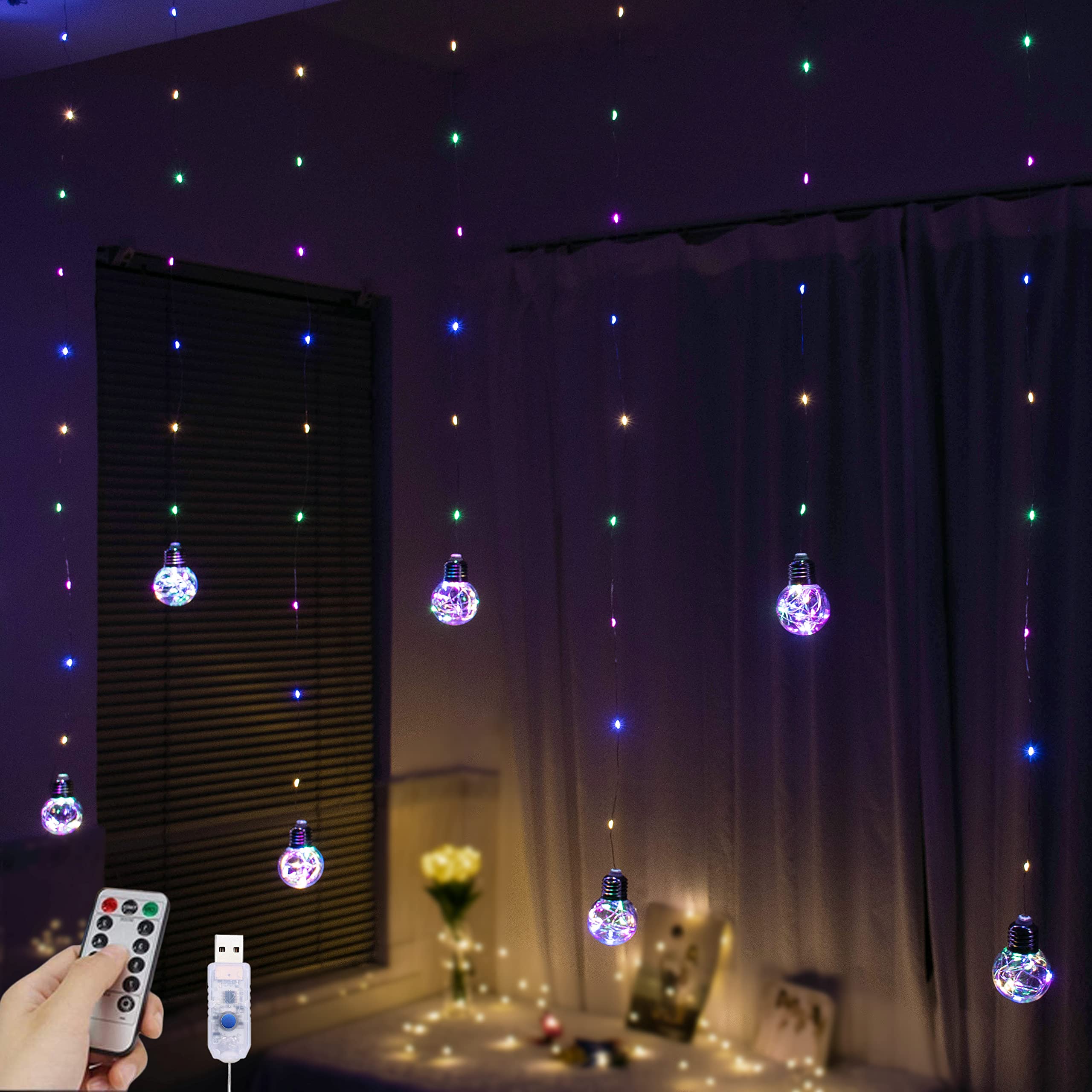 Yolight Wishing Ball Curtain Lights 200 Led Window Curtain String Lights With Remote, Usb Battery Powered Twinkle Globe Fairy Lights For Wedding Party Bedroom Christmas Decoration (Multi-Colored)