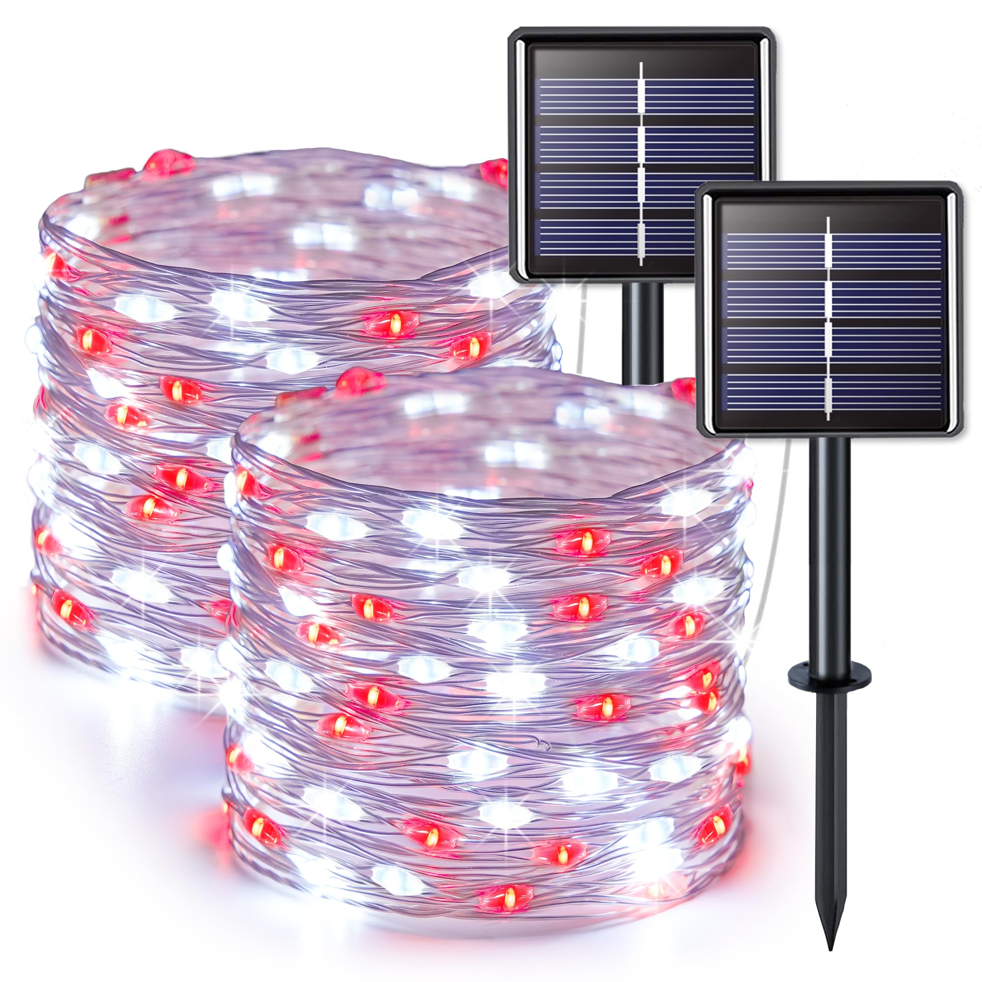 JMEXSUSS Solar String Lights - 100 LED, 33FT, Waterproof, 2 Pack, Red and White for Outdoor Christmas Decorations