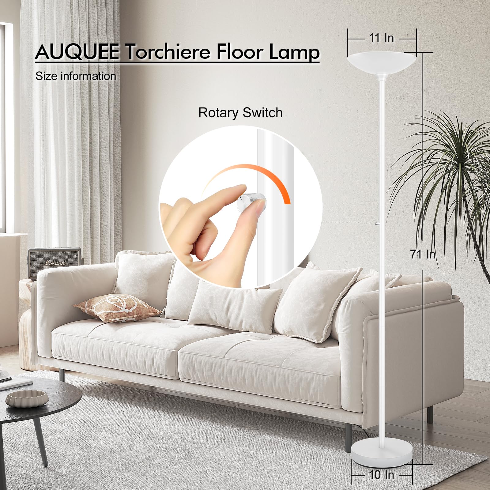Auquee 30W Torchiere Floor Lamp, 3600Lm Bright Led, Dimmable, 71&quot; Metal Standing