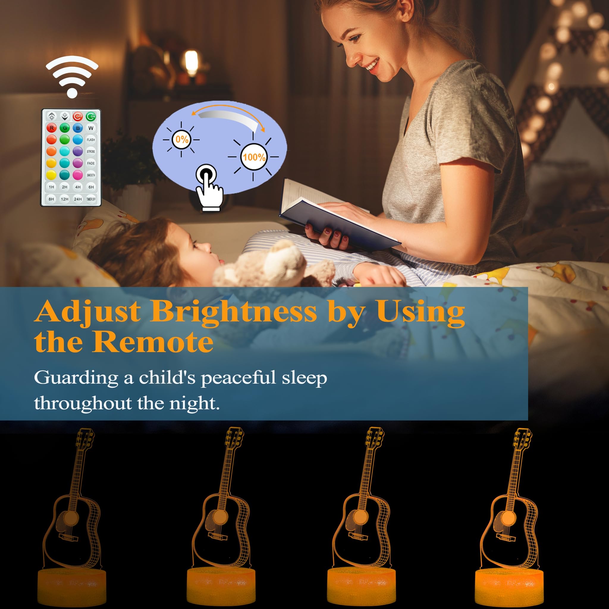 Posshe Guitar Night Light  Guitar Gifts  3D Illusion Night Light With 16 Colors Changing  Remote Control With Timer  Kids Room Decoration For Holiday Birthday Christmas