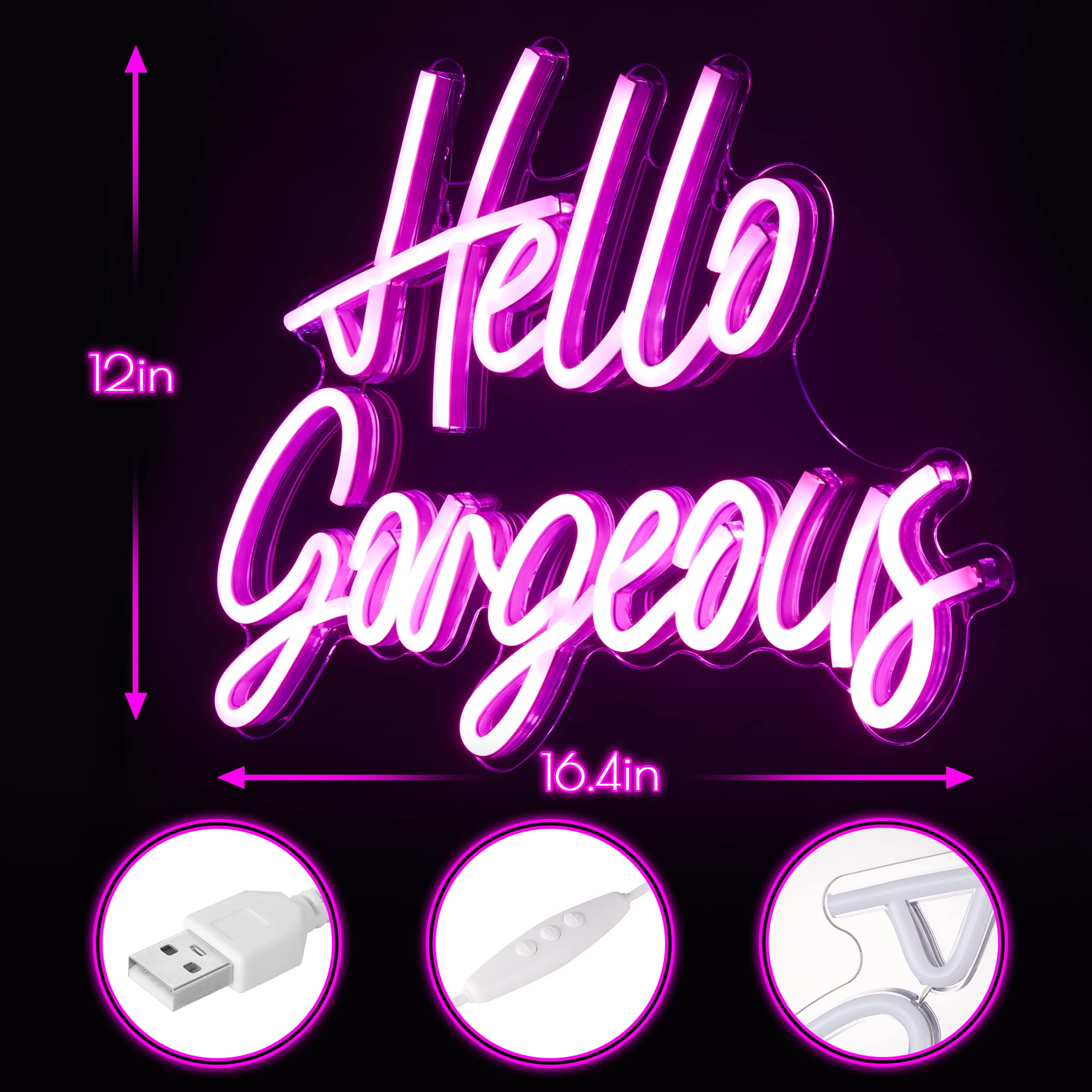 Kavaas Neon Sign - Hello Gorgeous Light for Wall Decor, Dimmable, 16.4inx12in, Pink, Model KNS-HGP