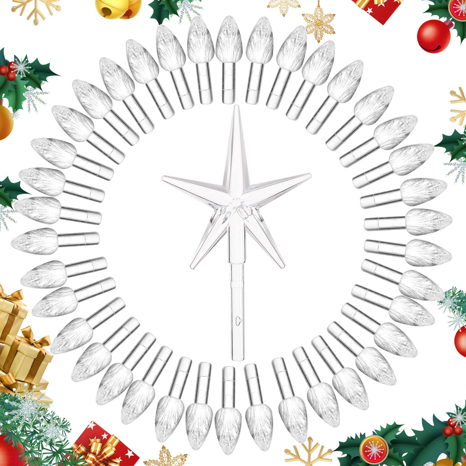 Boao 100 Pieces Ceramic Christmas Tree Bulbs And 5 Stars Replacement Plastic Bulbs For Ceramic Christmas Tree Decorations(4.7 Mm Diameter,Transparent)