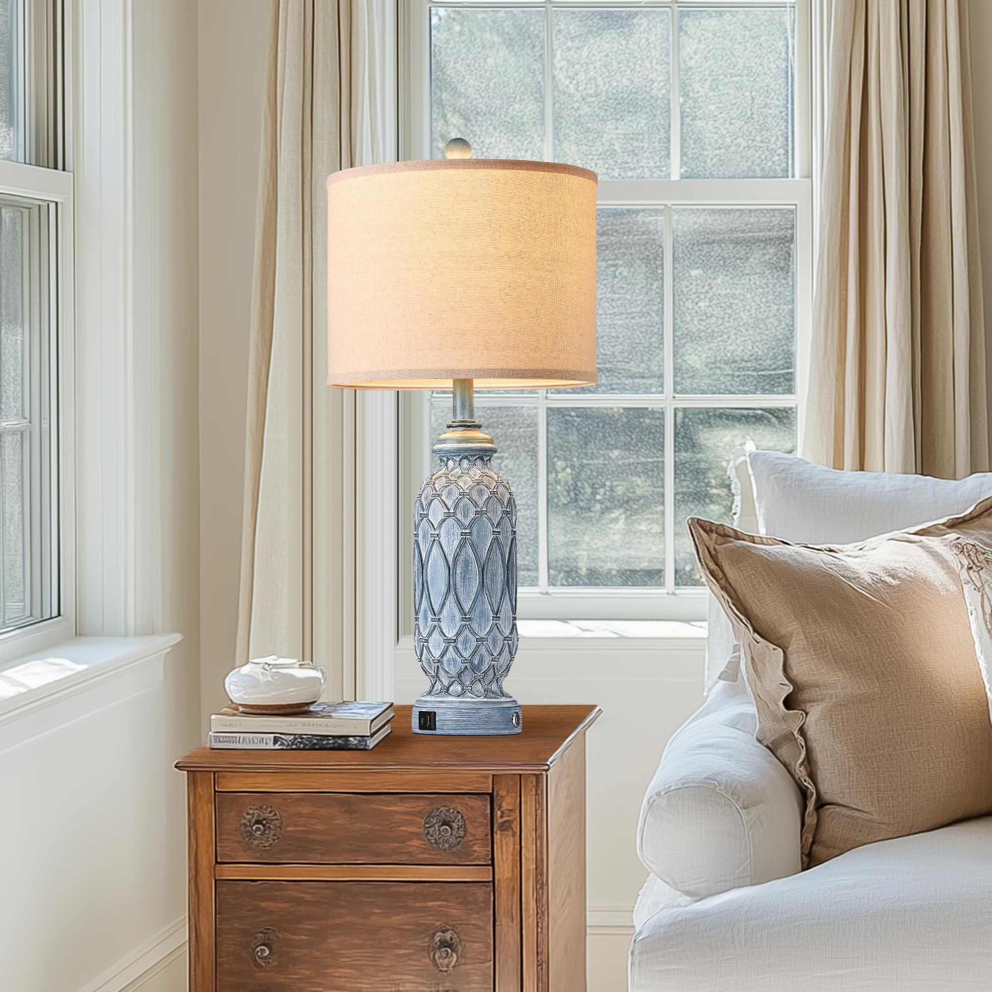 Ireliare 28'' Living Room Lamps Set Of 2, Farmhouse Lamps For Bedroom With Usb A+C Charging Ports, Touch Lamps For Nightstand, 2