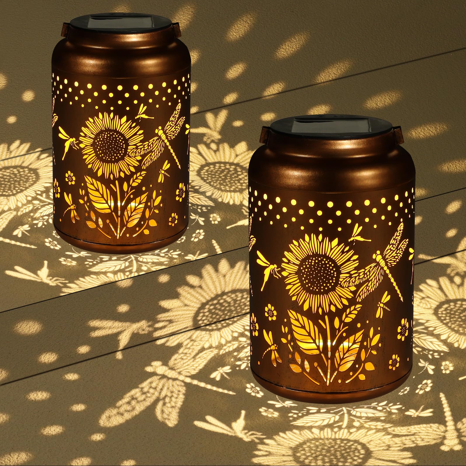 2 Pack Solar Lanterns Outdoor Waterproof  Dragonflies Garden Decor Gifts For Women Mom Grandma Hanging Solar Lights Metal Decoration Outside For Yard  Pati(Sunflowers)