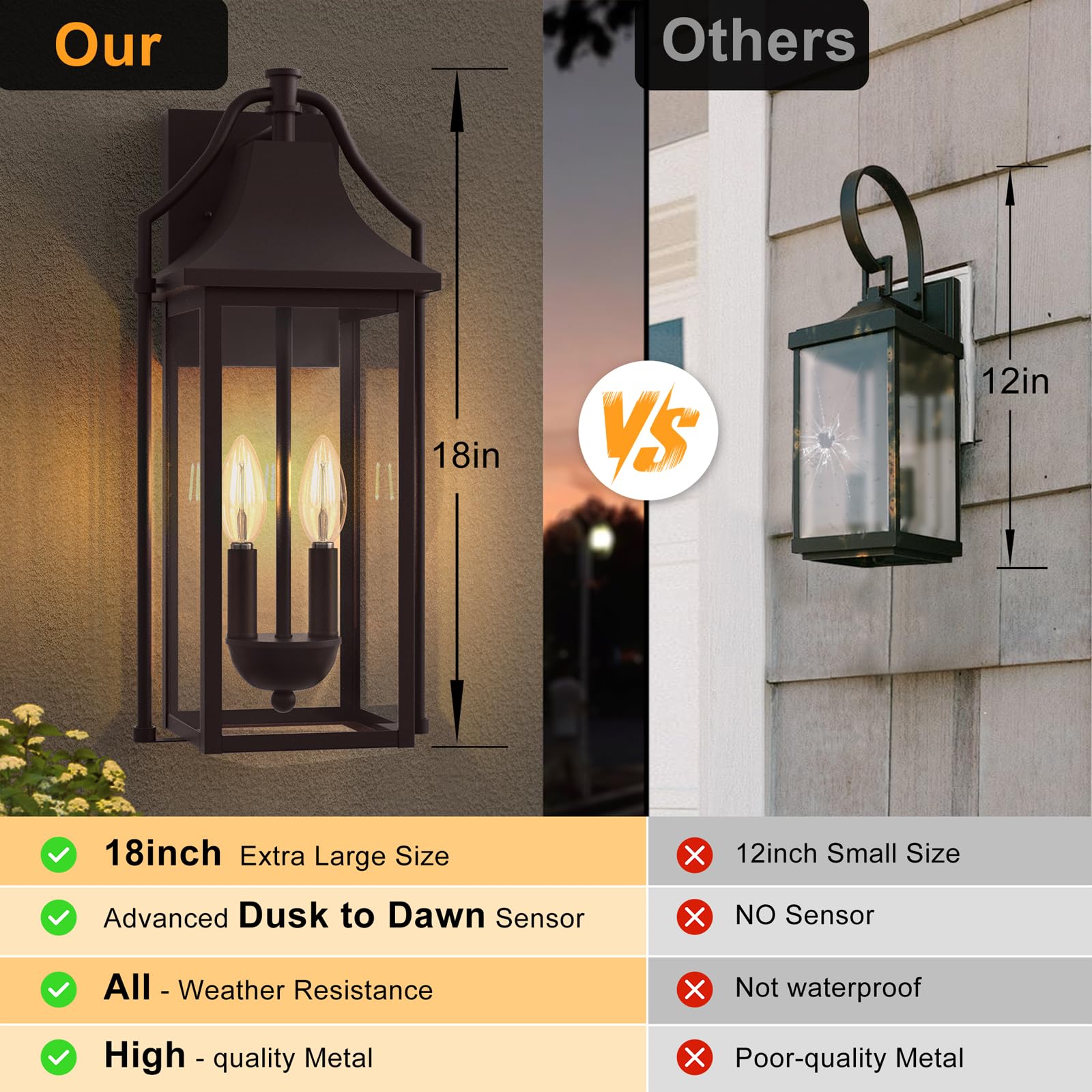 Lawyettle Outdoor Wall Sconce, 2-Light Waterproof Lantern, 18in, Oil Rubbed Bronze, Model XG7040O-2BR