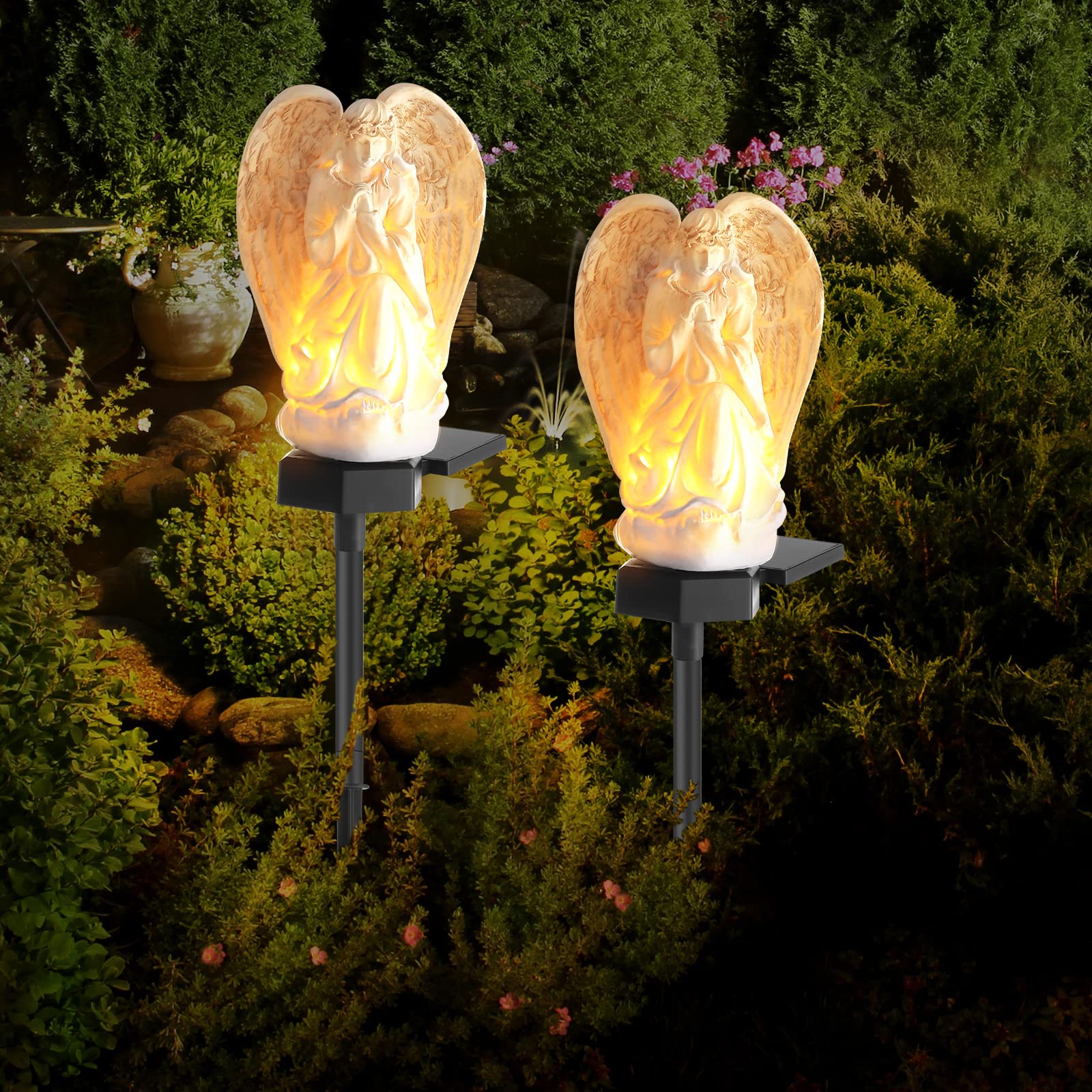 Hortsun Angel Led Solar Lights - Waterproof Garden Decorations For Lawn & Cemetery, 2 Pack