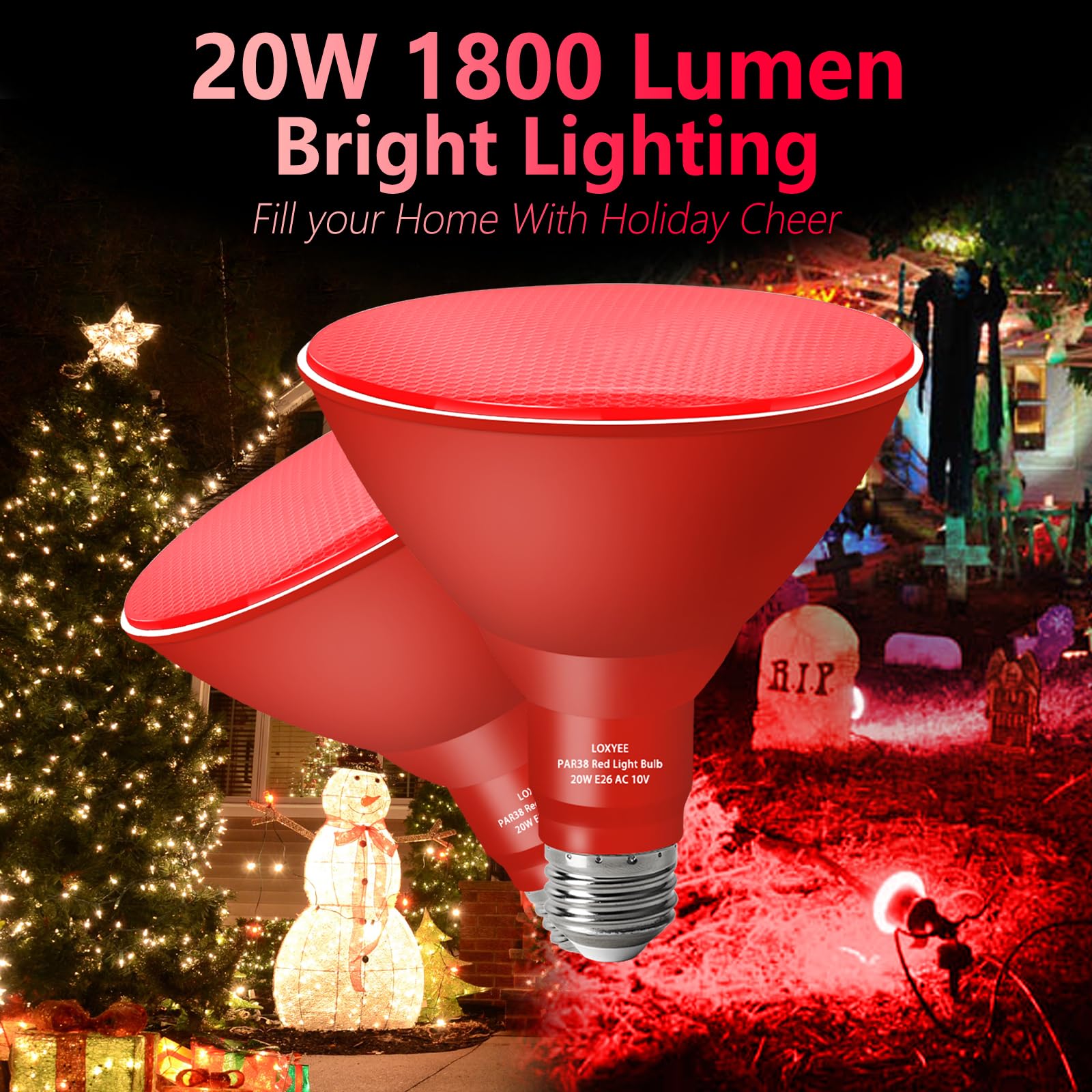 LOXYEE PAR38 Flood Light Bulb, Dimmable, E26 Base, 20W Replace to 200W, 2 Pack, Red