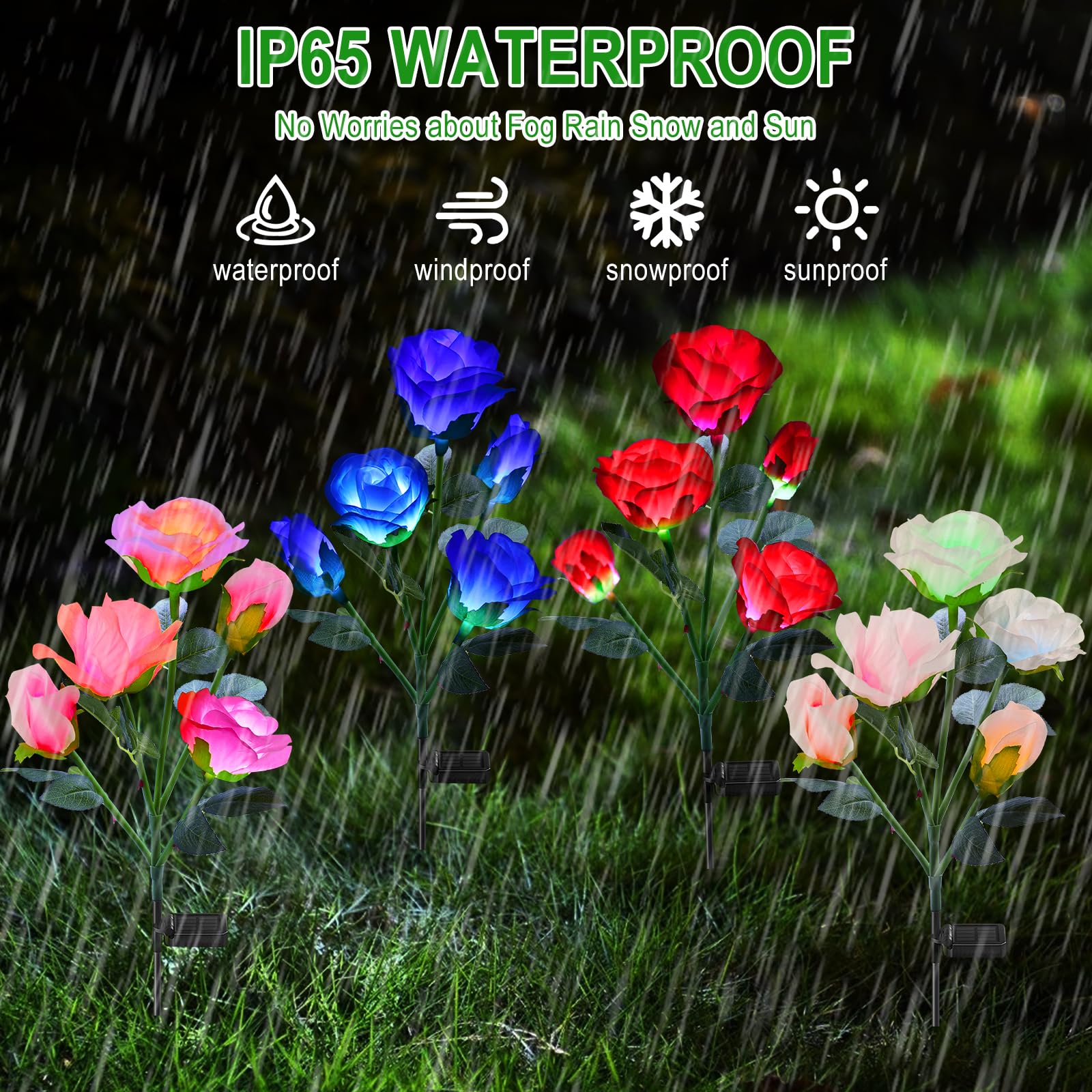 Angmln 4 Pack Solar Garden Lights, Solar Flower Lights Outdoor Waterproof With 20 Head Rose 7-Color Changing Landscape Lights Fo