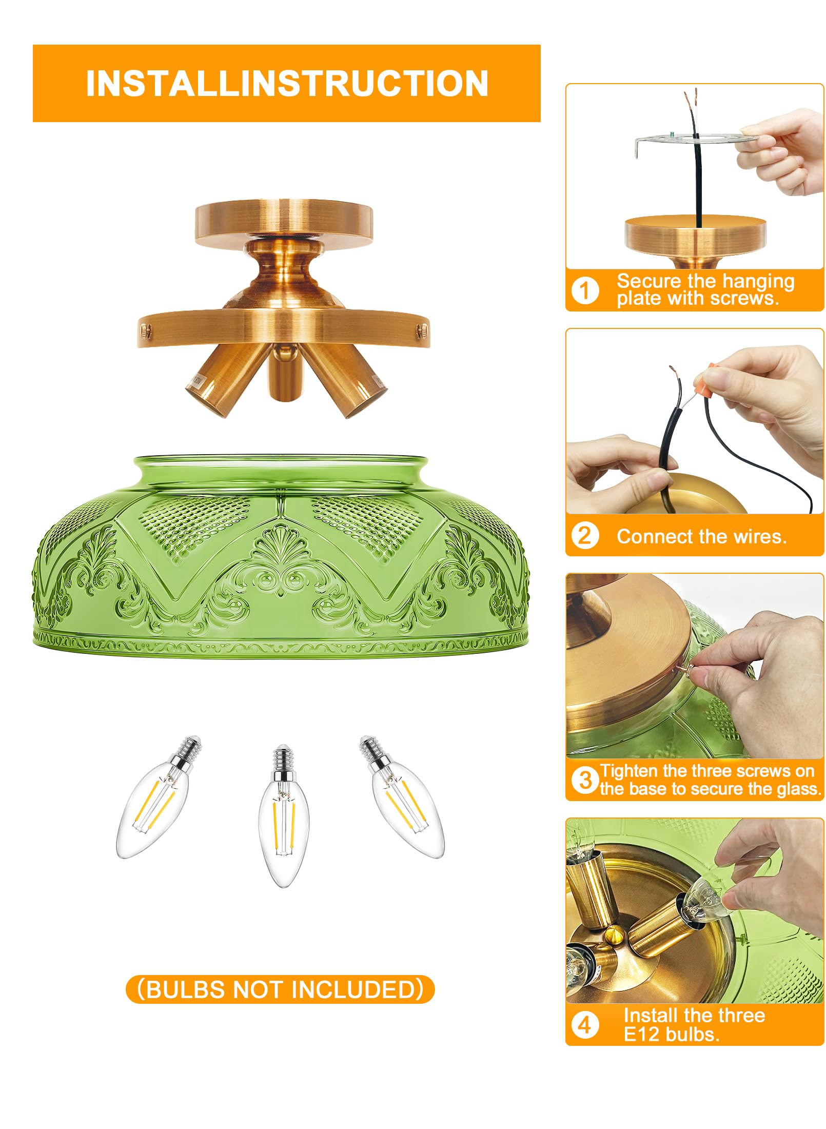Slypadan Green Semi Flush Mount Ceiling Light  12 Inch Large Ceiling Light Fixture Gold  3-Light Globe Glass Farmhouse Kitchen Lighting Fixtures For Bathroom  Hallway  Dining Room (Bulb Not Included)