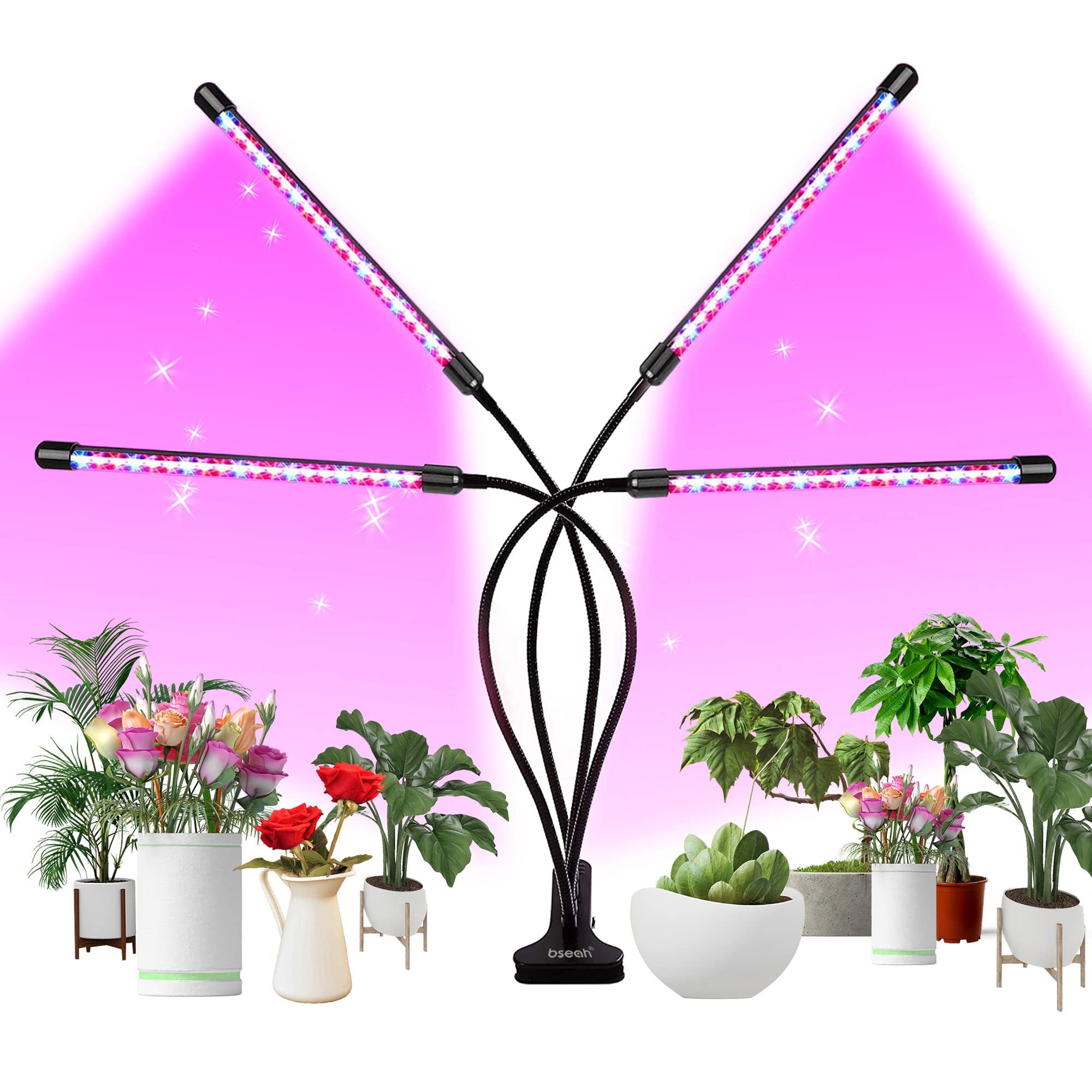 bseah Grow Light for Indoor Plants, 4 Head Clip-on, Full Spectrum, Red+Blue, with Timer and AC Adapter