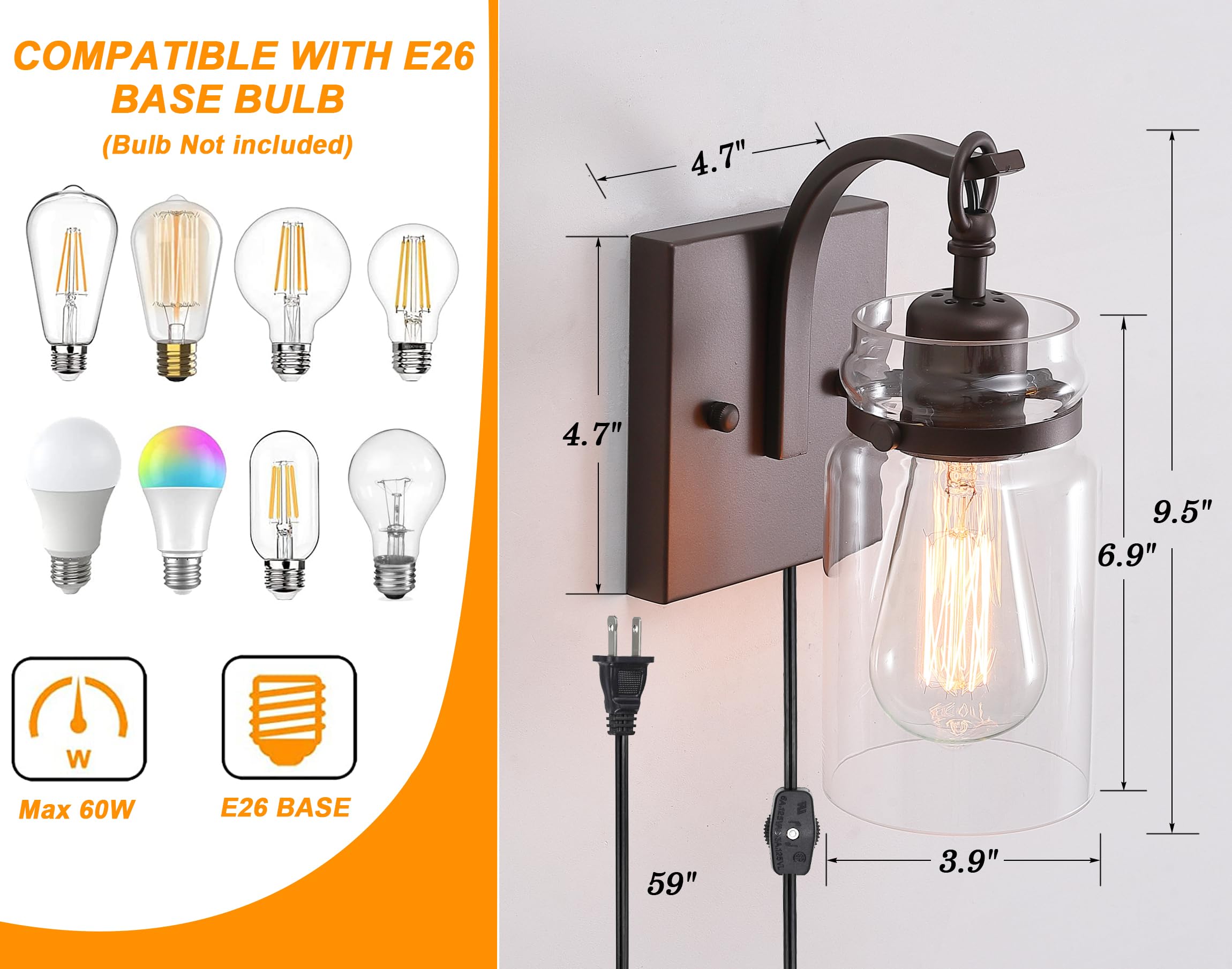 Winsmart Plug In Wall Sconces Set Of 2  Oil Rubbed Bronze Sconces Wall Lighting Fixtures With Clear Glass Indoor Farmhouse Wall Lamp For Bedroom Living Room