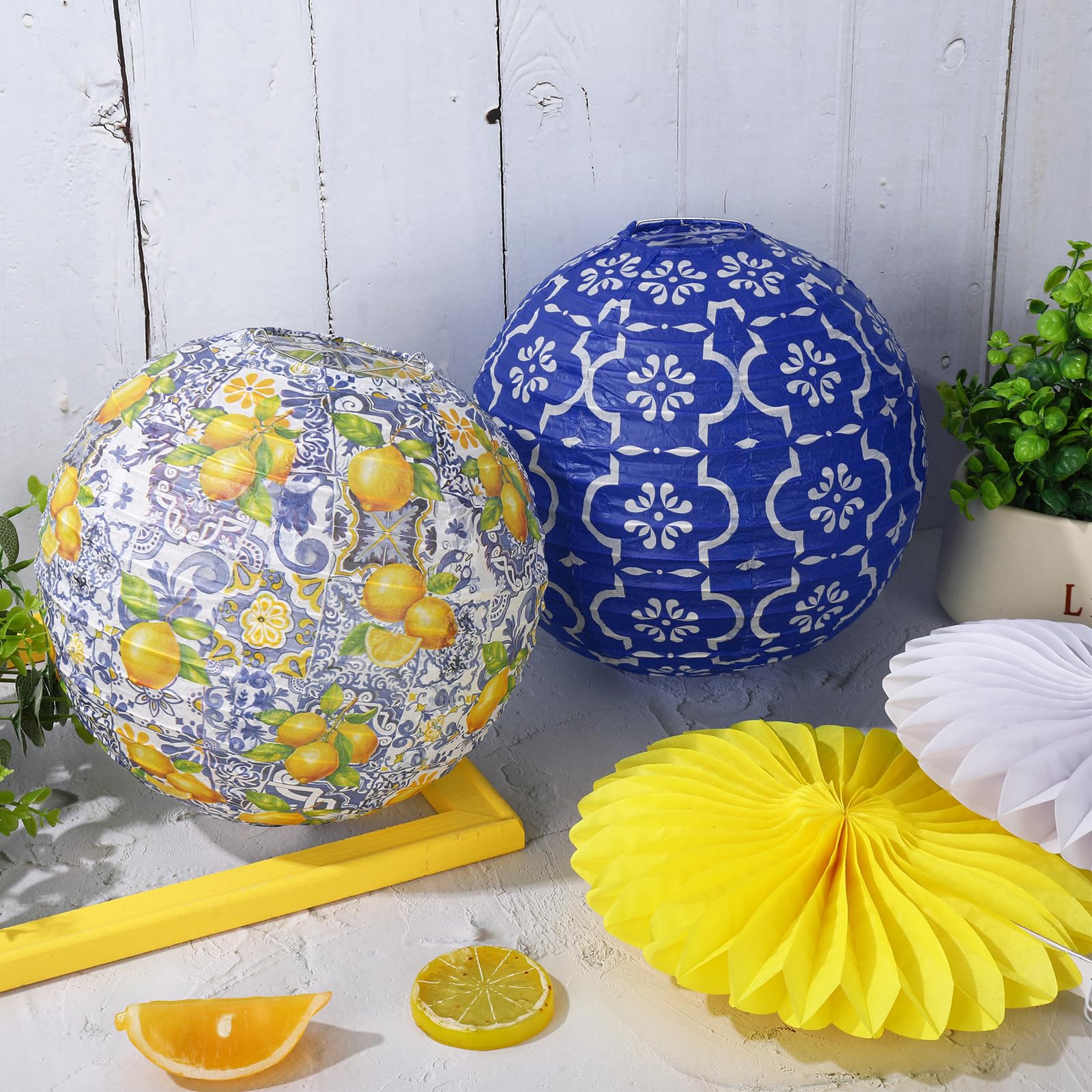 Jarthenaamcs 18 Pcs Capri Lemon Hanging Lantern Kit Paper Lantern With Blue Yellow White Honeycomb Ball Paper Fan Summer Mediter