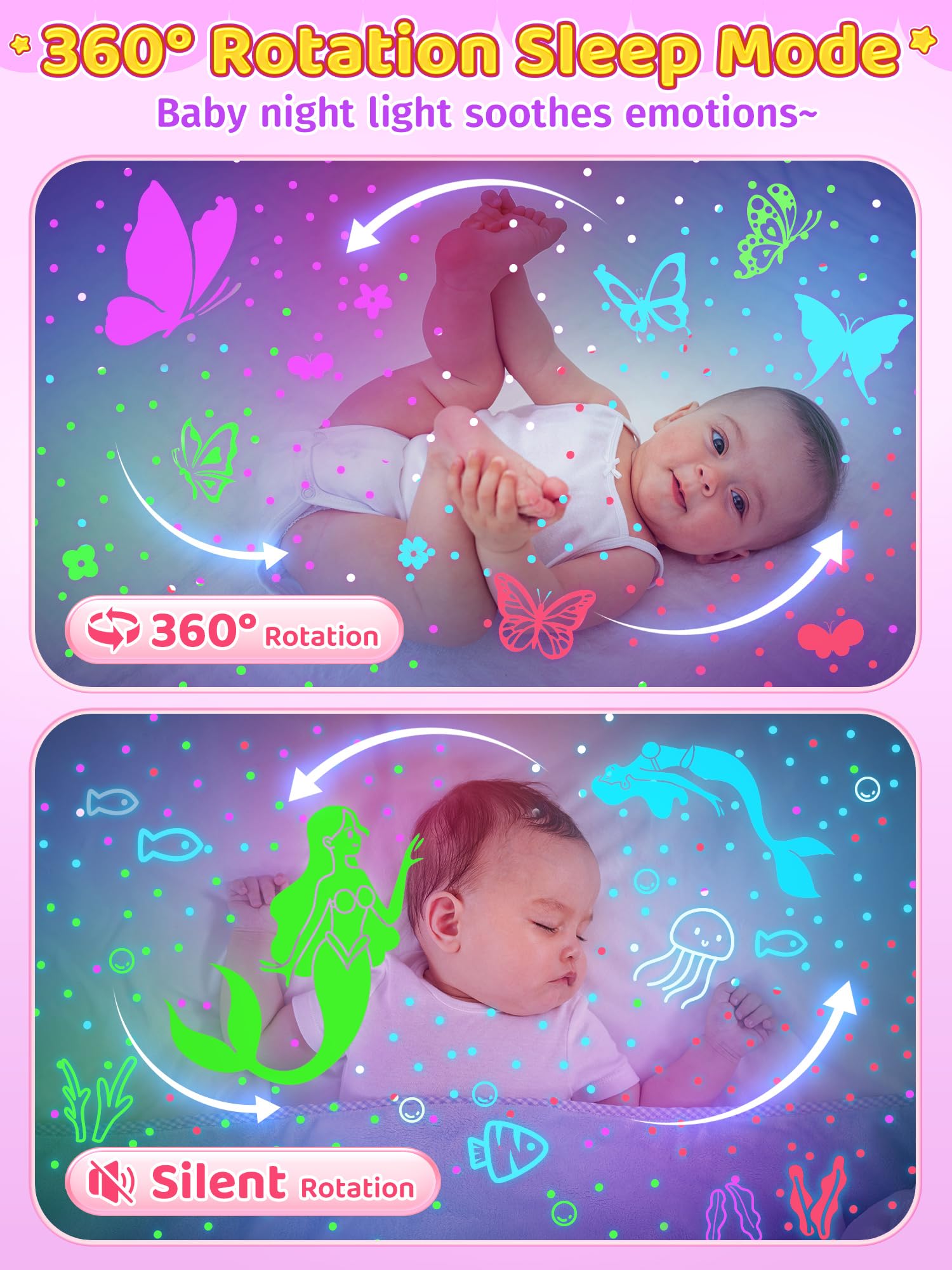 PIKOY Kids Night Light Projector - 90 Modes, 6 Films, Dimmer, Timer, Rechargeable, Pink Butterfly/Princess/Mermaid Room Decor