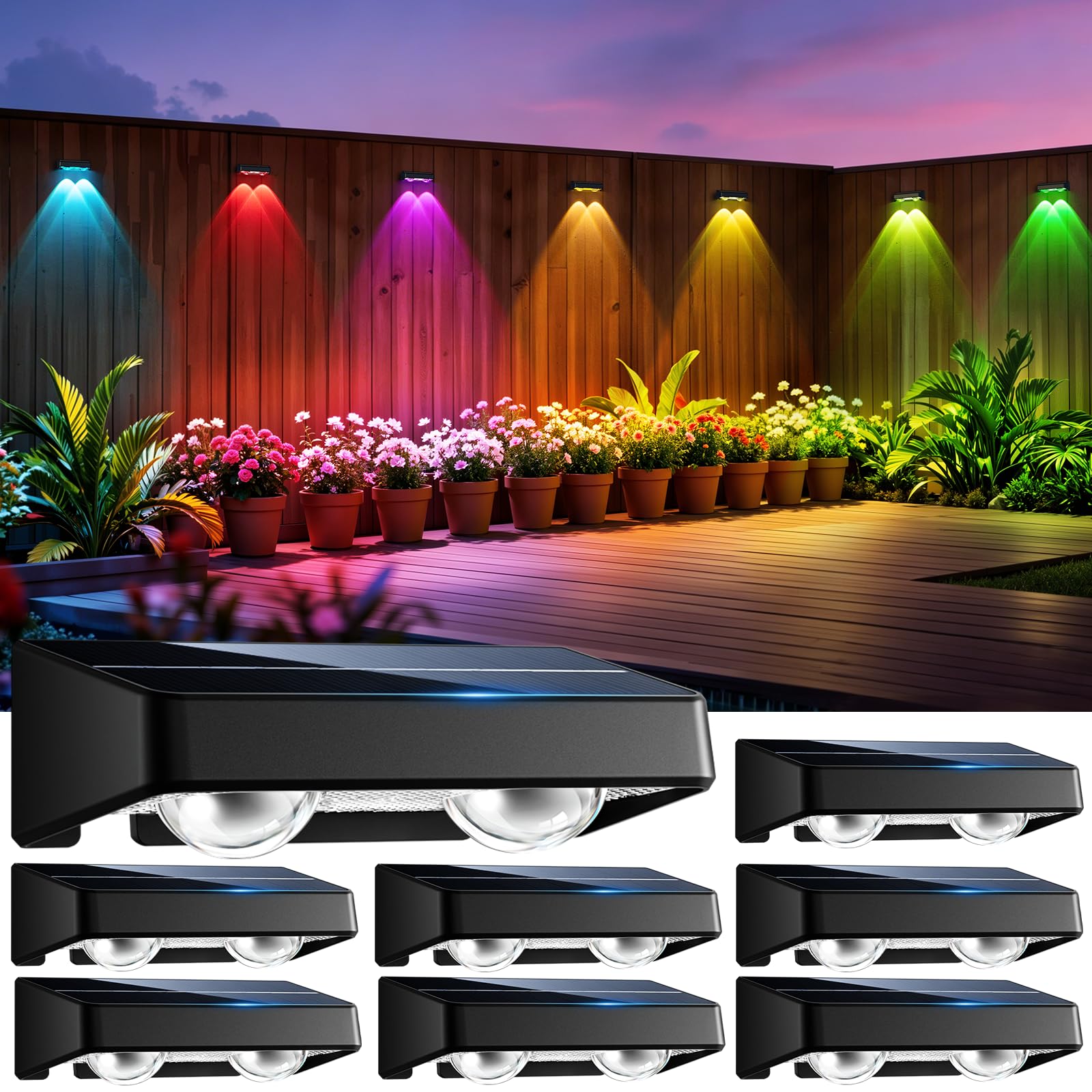 nibuuecer Solar Fence Lights 8 Pack 9 Colors & 11 Lighting Modes Solar Wall Lights Outdoor Waterproof IP65 RGB Color Changing Fence Lights Solar Powered for Garden Yard Patio Deck Step Patio Wall
