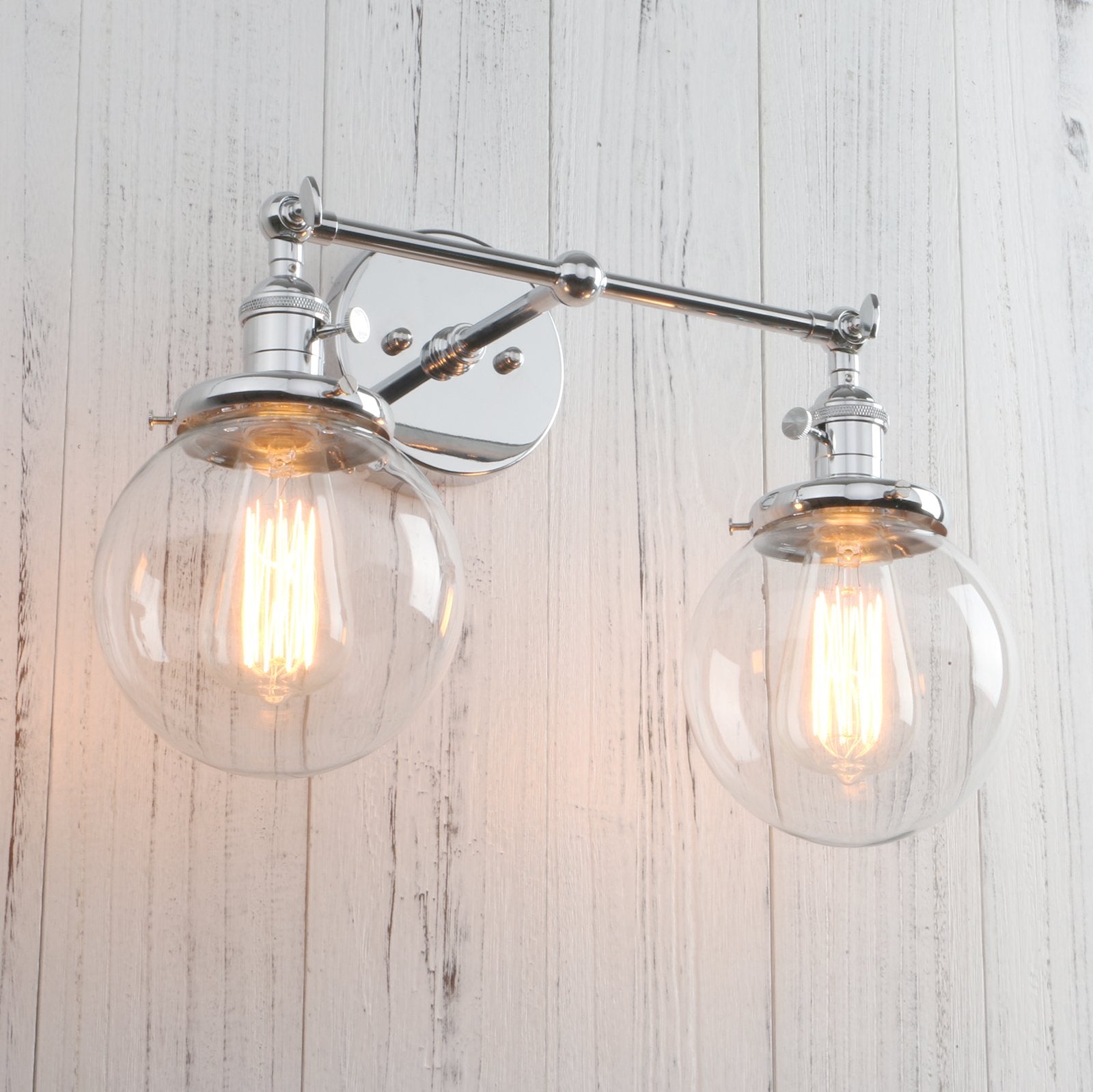 Permo Double Sconce Vintage Industrial Antique 2-Lights Wall Sconces With Dual Mini 5.9 Round Clear Glass Globe Shade (Chrome)