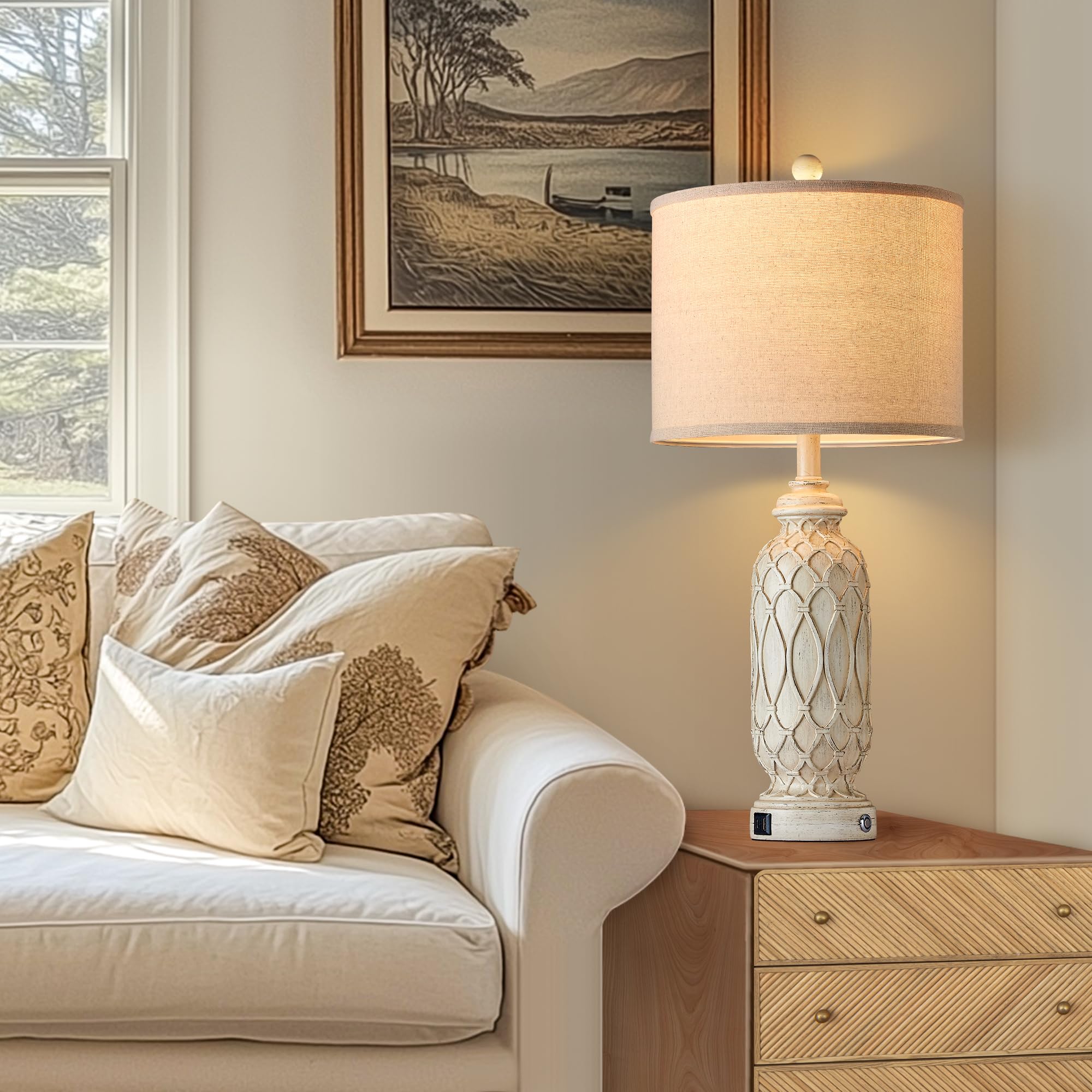 SRJJRS Rustic Table Lamp Set of 2 with Dual USB Ports, 28" Tall, Linen Shade, Off White, Model SE_B2229-1T