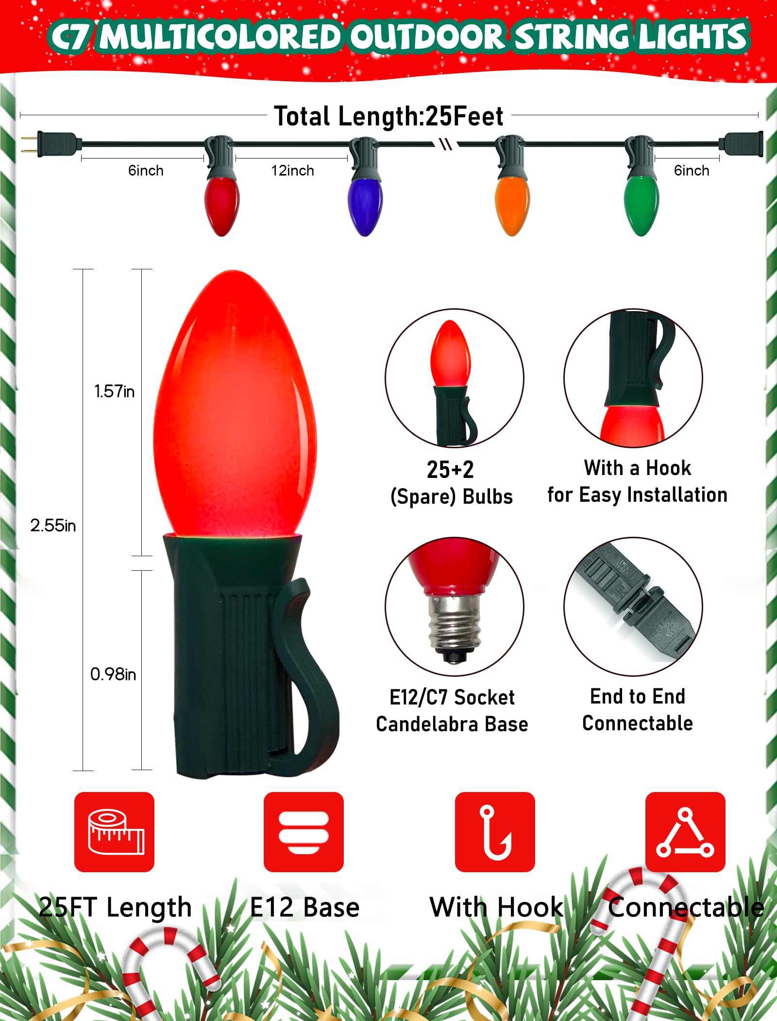 25Ft Multicolor Christmas Lights Outdoor  C7 Vintage String Lights With 25 Red Green White Ceramic Incandescent Bulbs  Hanging Patio Lights For Porch Roofline Xmas Tree Garden Pathway Indoor Decor