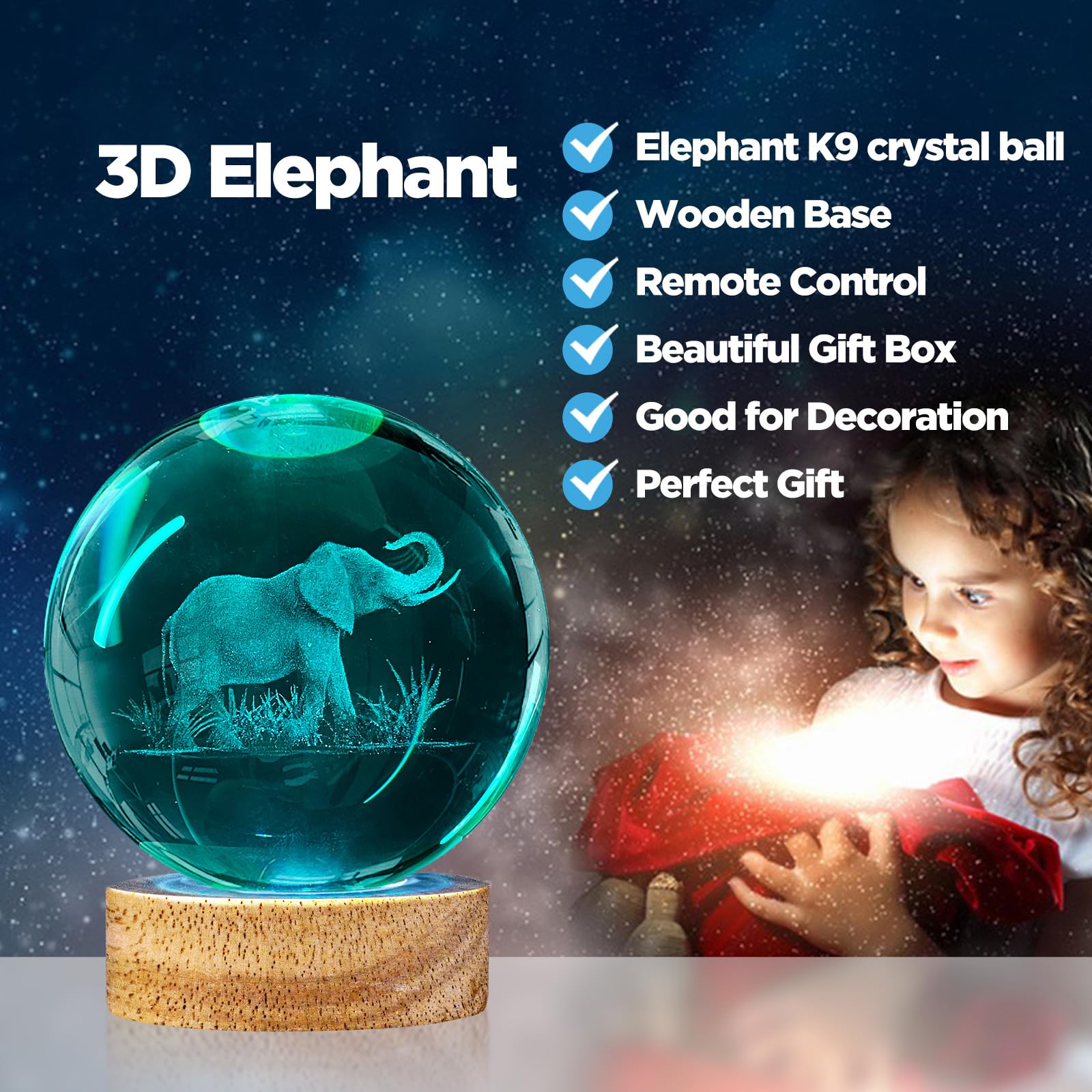 Pymin3D 3D Elephant Crystal Ball Night Light,3.15In K9 Crystal Ball Lamp With 16 Colors Change,Wooden Base And Remote Control De