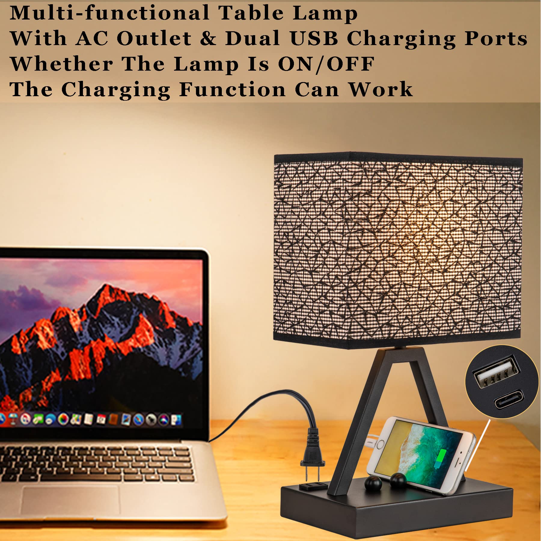 Briever USB C Touch Control Table Lamp, 3-Way Dimmable, Black Shade, Metal, LED Bulb Included