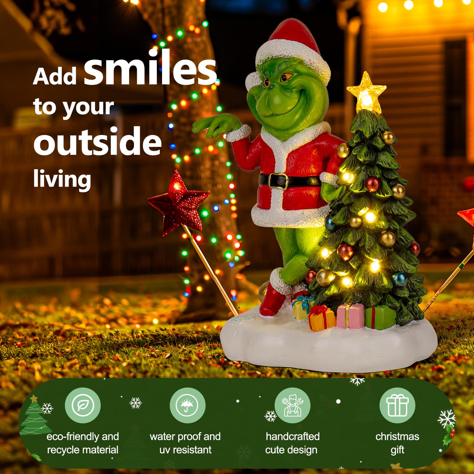 Ydkojgw Solar Garden Outdoor Statues Green Monster With Christmas Tree And 6 Led Lights-Christmas Lawn Deco Statue For Patio, Balcony, Yard Ornament - Unique Christmas Housewarming Gifts