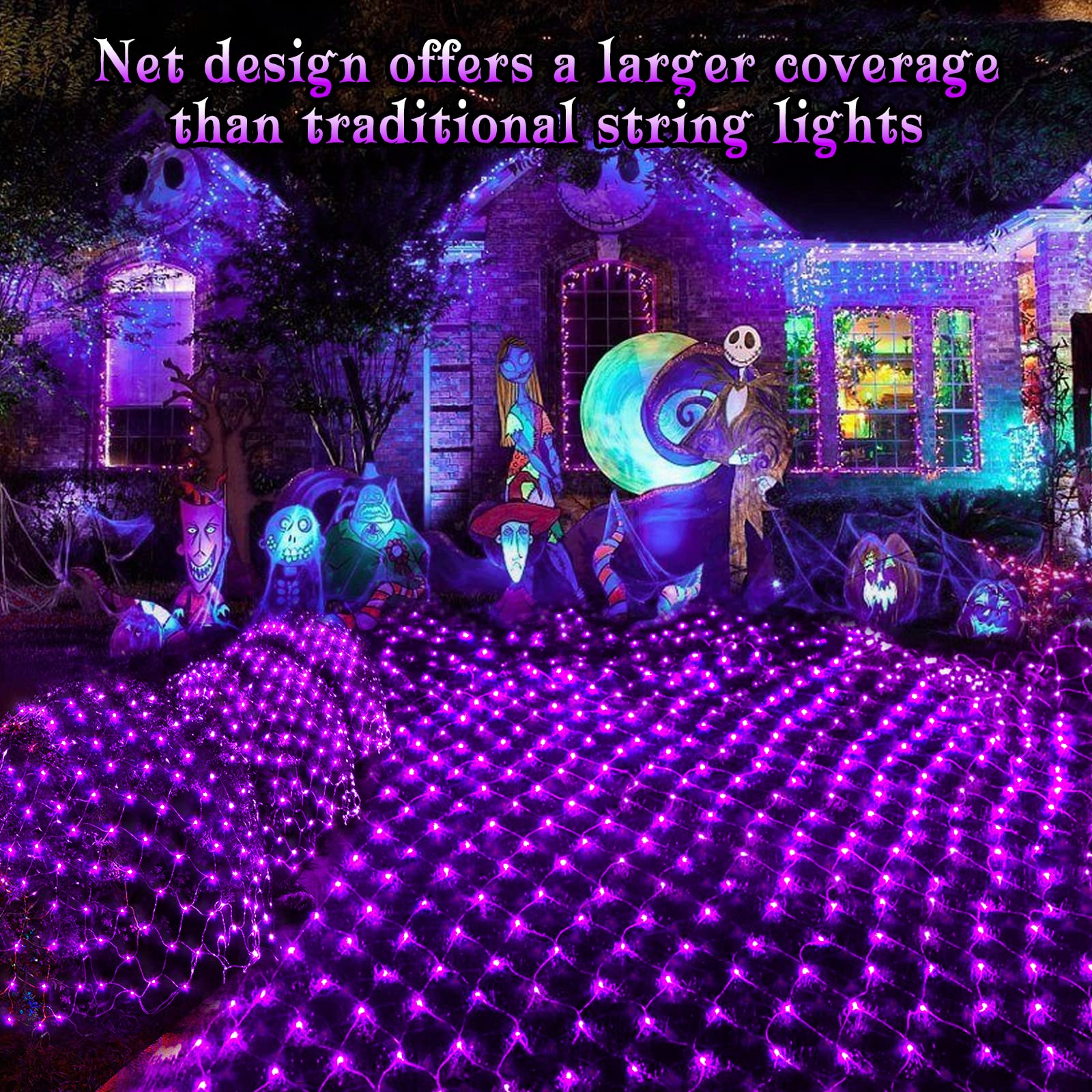 BlcTec Halloween Lights Outdoor 360 LED 9.8ft x 6.6ft Waterproof Purple with 8 Modes & Timer, Dark Green Wire Design