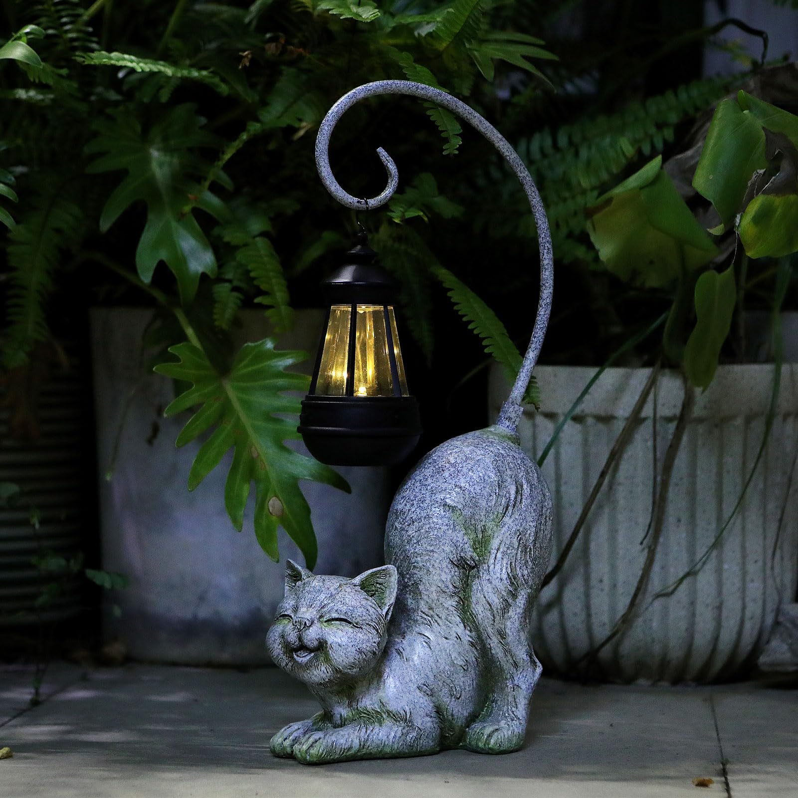 Hapyard Laughing Cat Figurine With Solar-Powered Led Light, 15.7 Inches Tall Marble, Perfect For Gift Garden Decor Or Housewarming For Cat Lovers.