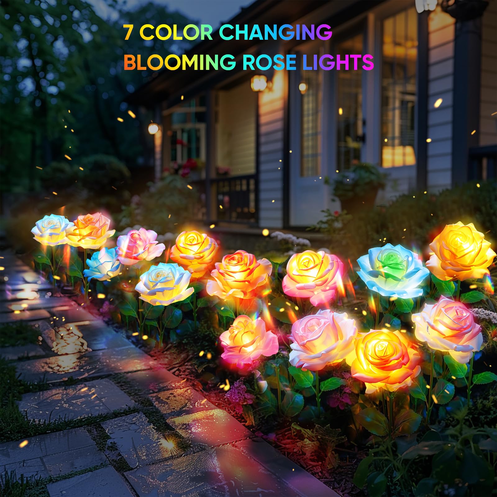 Solar Garden Lights, 6 Pack Solar Flowers Outdoor Waterproof With Rose, Garden Lights Solar Powered Waterproof, Solar Flower Lig